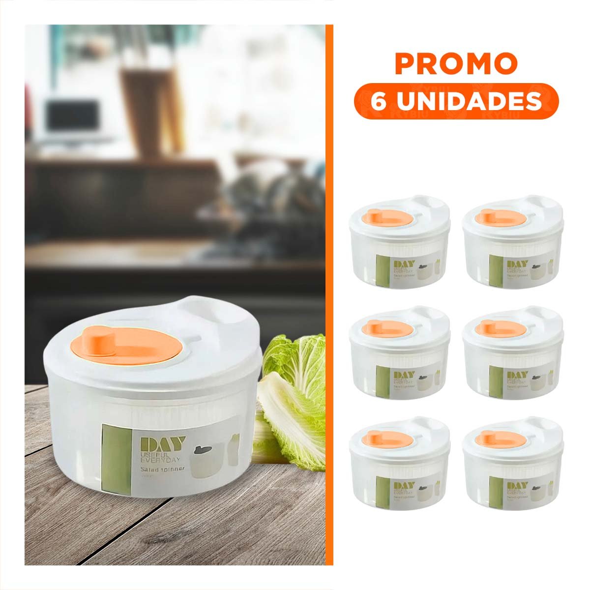 PACK6 SECADOR COMPACTO PARA ENSALADAS BLANCO CON NARANJA DAY Y+REGALO STICKER - 1