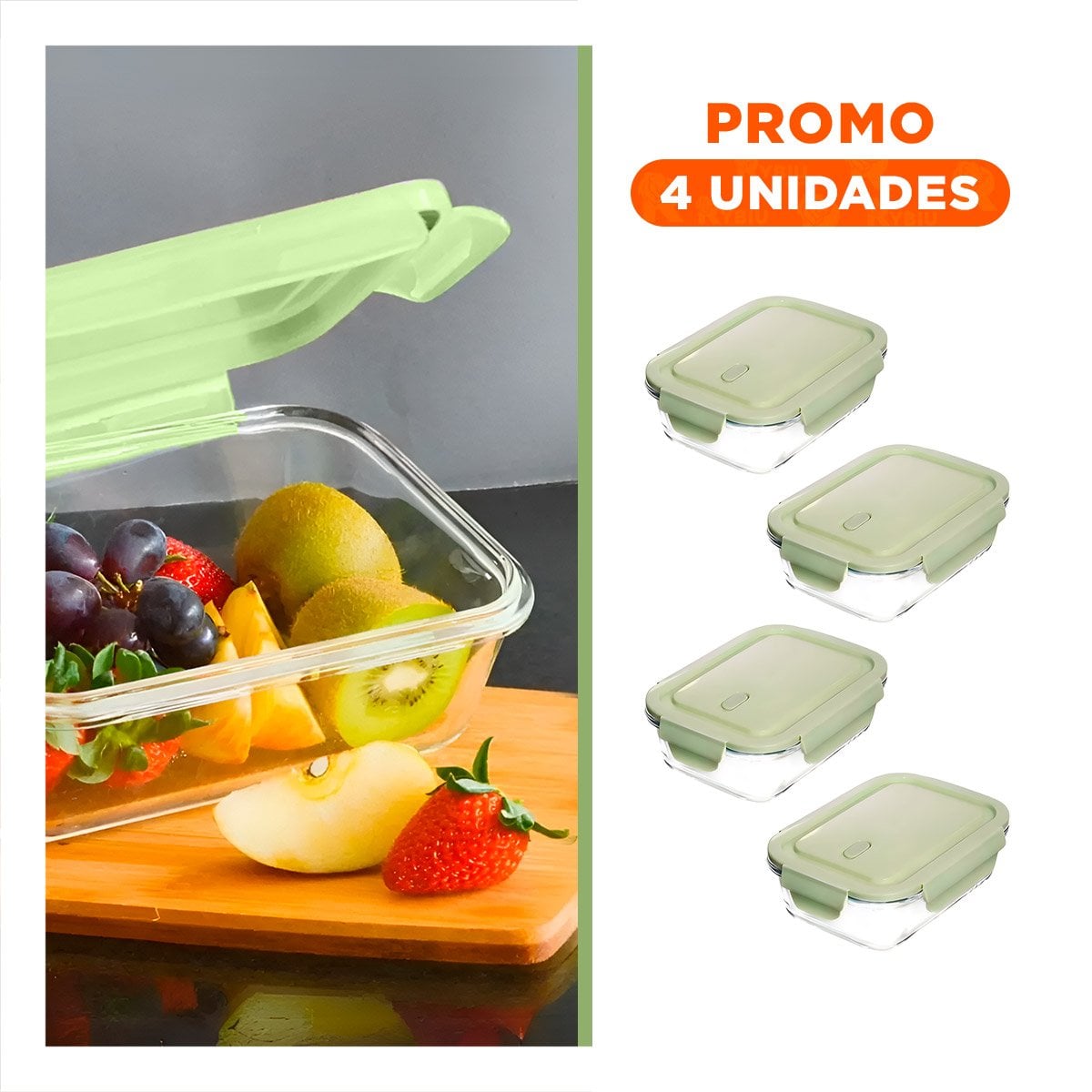 PACK4 FRASCO DE VIDRIO 410 ML CON TAPA VERDE CHICO PARA ALIMENTOS HOGAR - 1