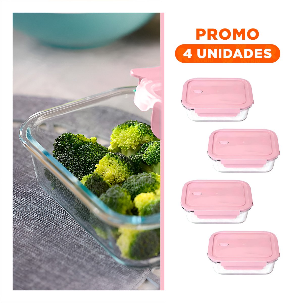 PACK4 DEPOSITO DE VIDRIO 1040 ML CON TAPA ROSADO PARA COCINA Y HOGAR SEGURO - 1
