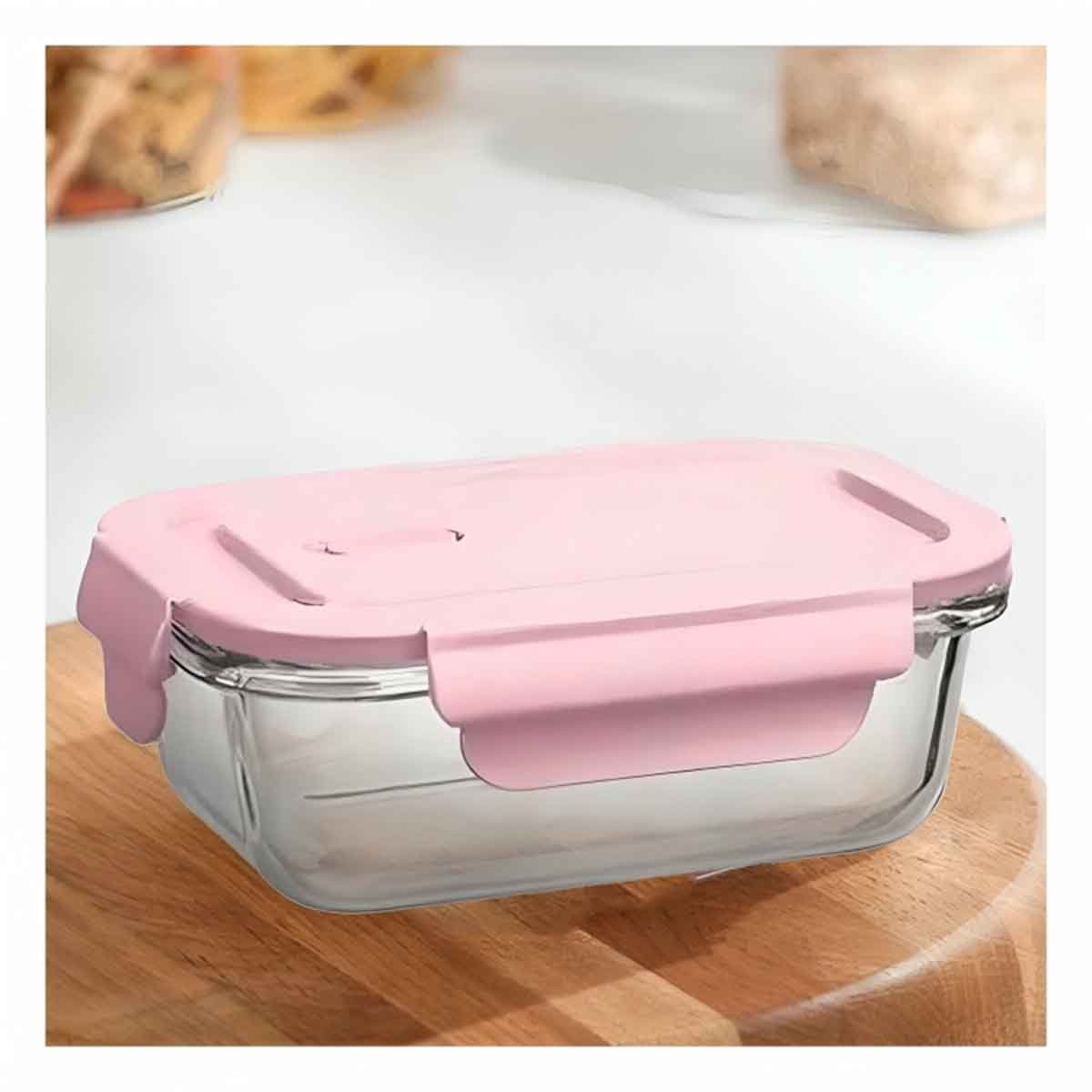 PACK4 DEPOSITO DE VIDRIO 1040 ML CON TAPA ROSADO PARA COCINA Y HOGAR SEGURO - 3
