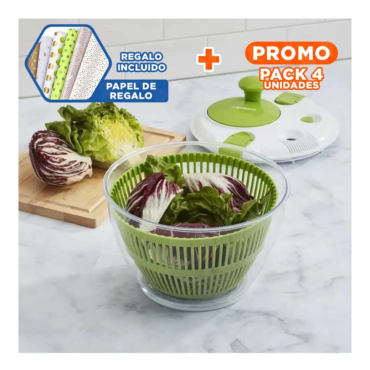 PACK4 CENTRIFUGADOR FUNCIONAL PARA VERDURAS FRESCAS VERDE Y+PAPEL REGALO - 1