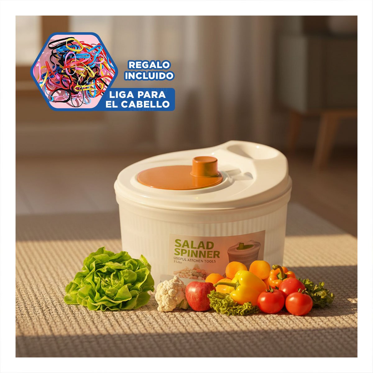 ESCURRIDOR PLASTICO CON TAPA Y GIRO PARA VERDURAS BLANCO CON NARANJA DAY Y+LIGAS REGALO - 2