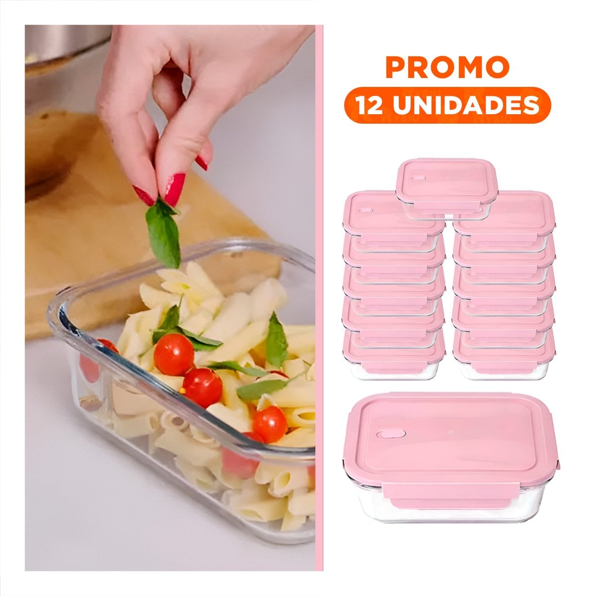 PACK12 CAJA COMPACTA DE VIDRIO 410 ML CON TAPA SEGURA ROSADO PARA COCINA - 1