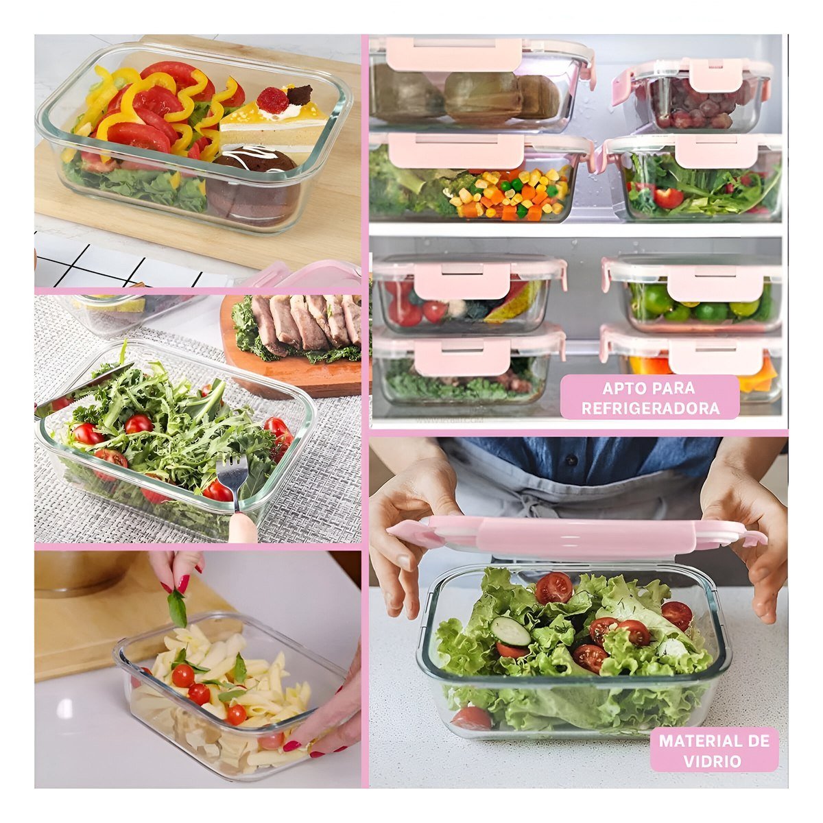 PACK12 CAJA COMPACTA DE VIDRIO 410 ML CON TAPA SEGURA ROSADO PARA COCINA - 2