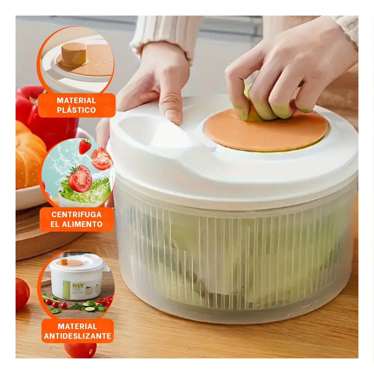 PACK2 CENTRIFUGADOR MANUAL DE COCINA PARA VERDURAS Y FRUTAS BLANCO CON NARANJA DAY - 5