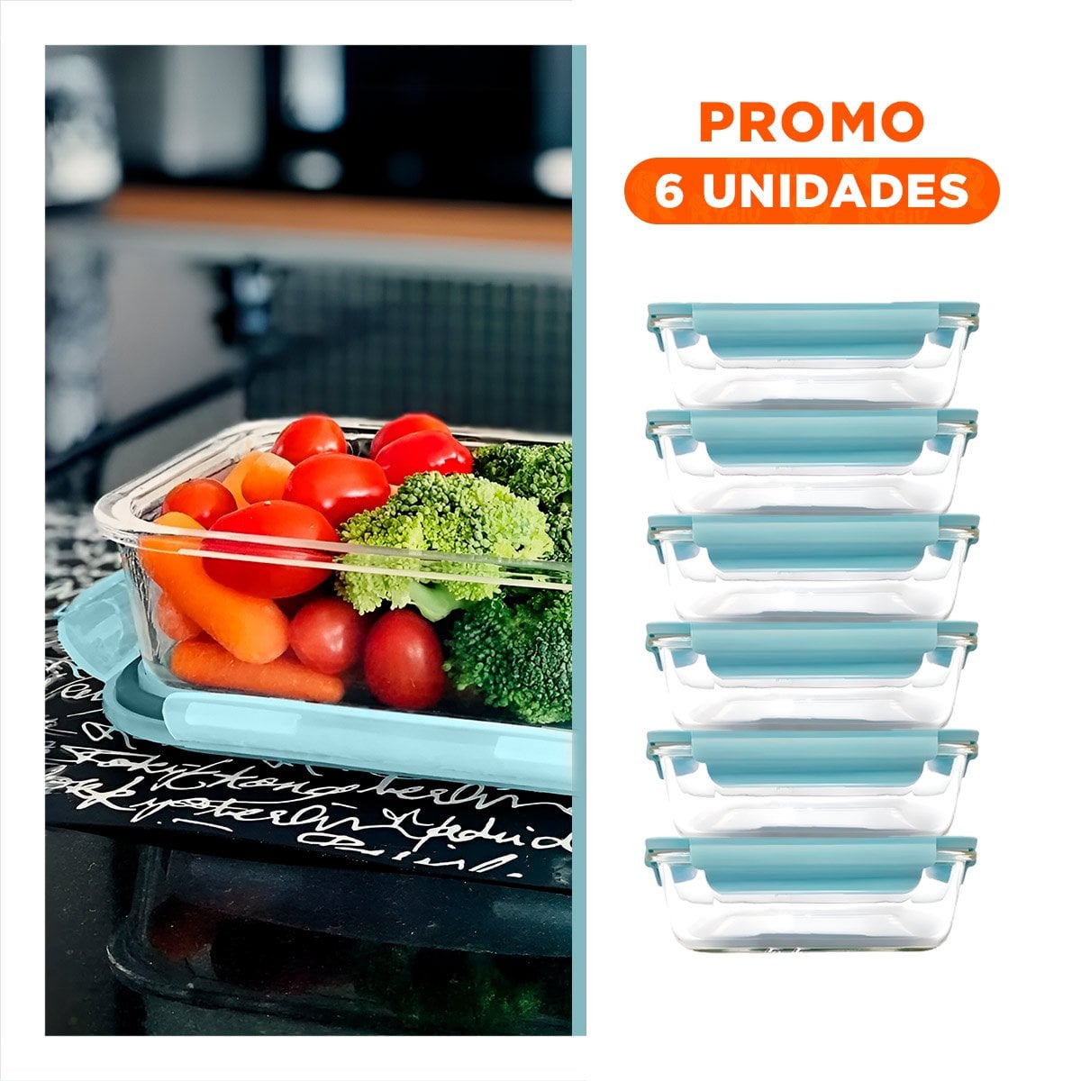 PACK6 CAJA DE VIDRIO 410 ML CON TAPA CHICO CELESTE PARA COCINA Y+REGALO STICKER - 1