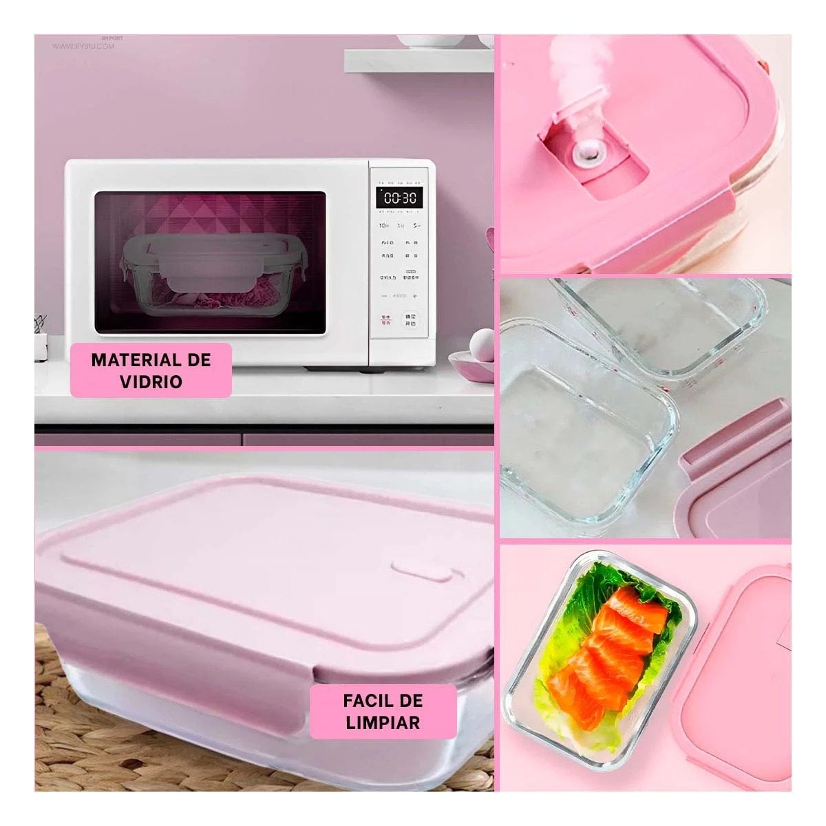 FIAMBRERA DE VIDRIO 1040 ML CON TAPA ROSADO PARA COCINA Y HOGAR FUNCIONAL Y+LIGAS REGALO - 1