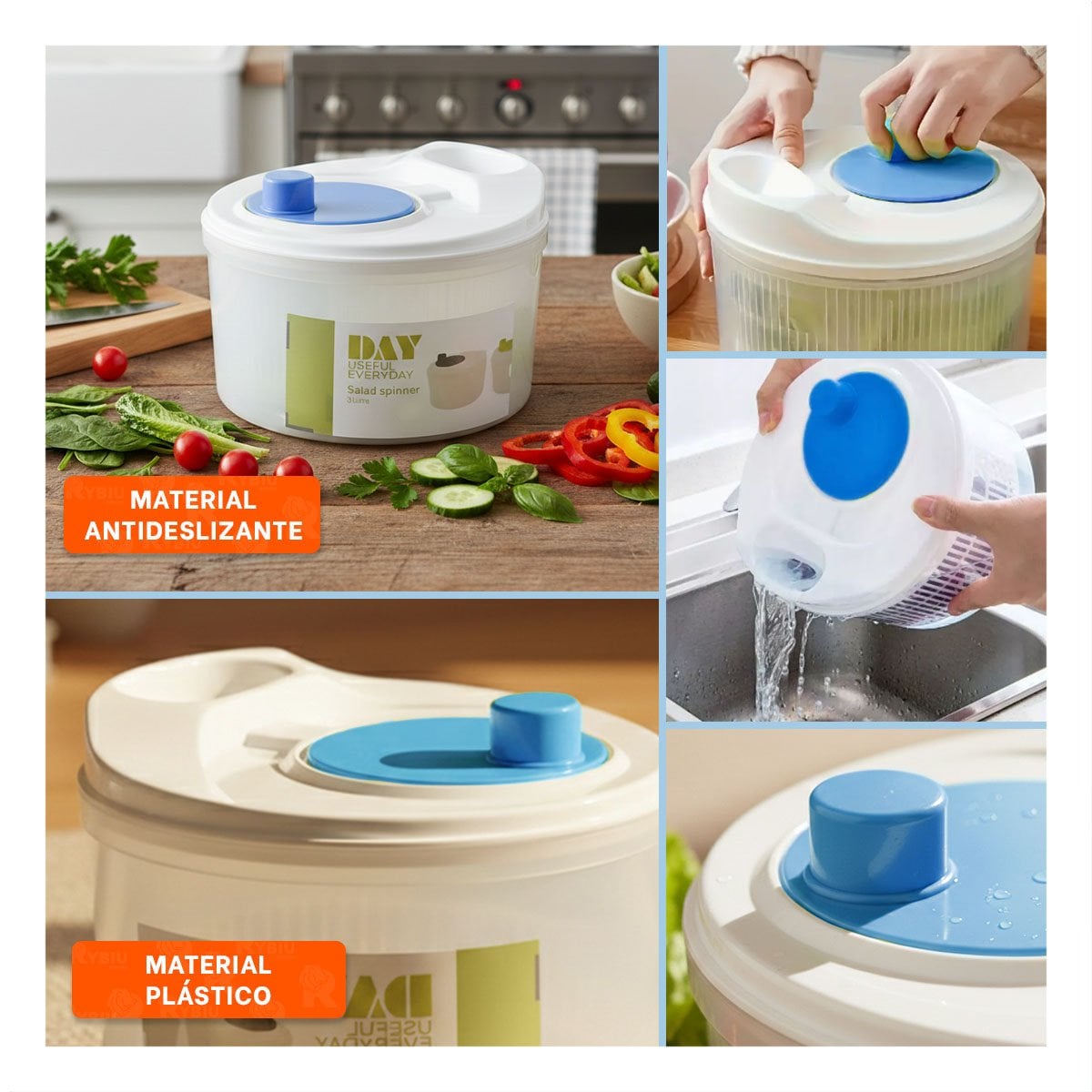 ESCURRIDOR PLASTICO CON TAPA Y GIRO PARA VERDURAS BLANCO CON AZUL DAY Y+LIGAS REGALO - 1