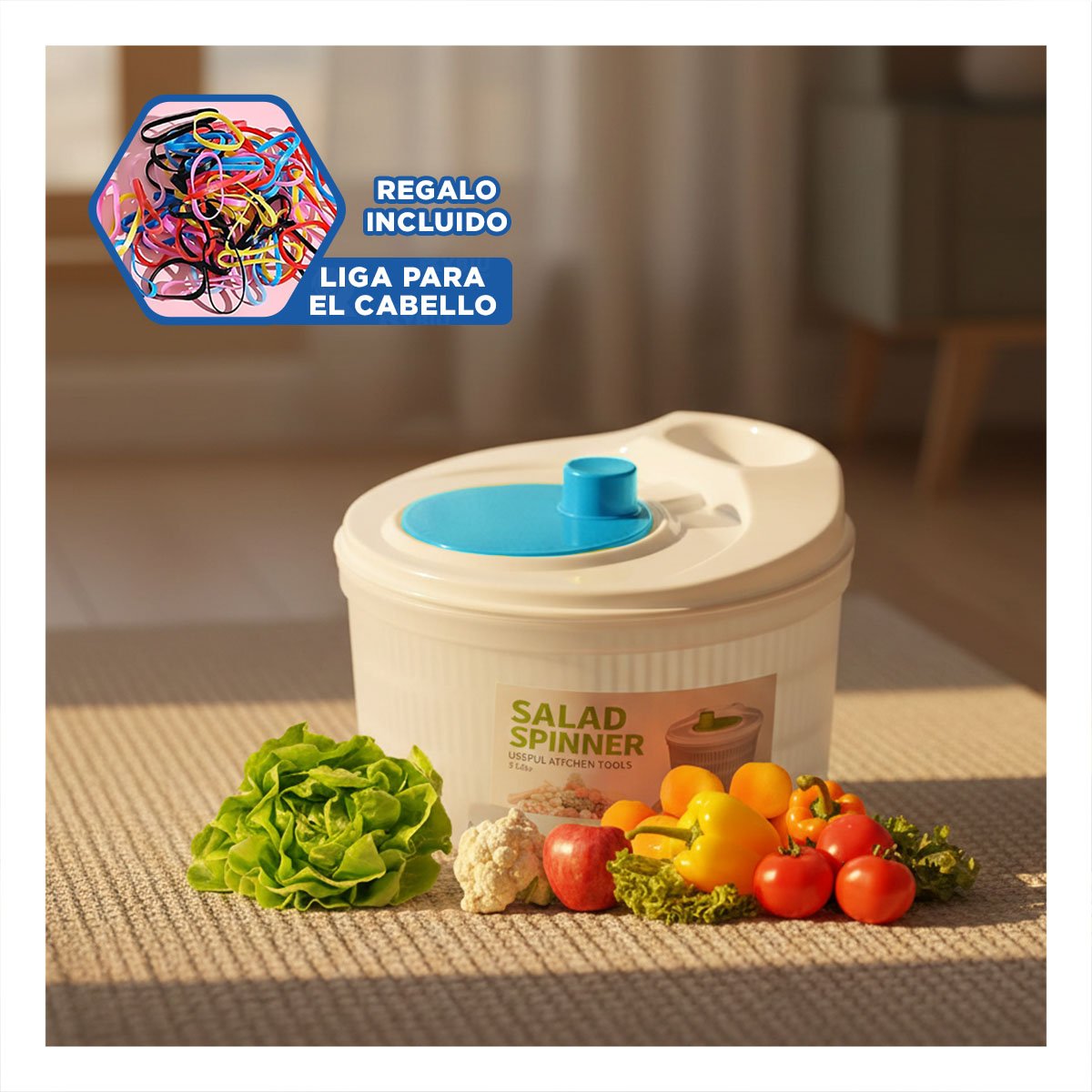 ESCURRIDOR PLASTICO CON TAPA Y GIRO PARA VERDURAS BLANCO CON AZUL DAY Y+LIGAS REGALO - 2