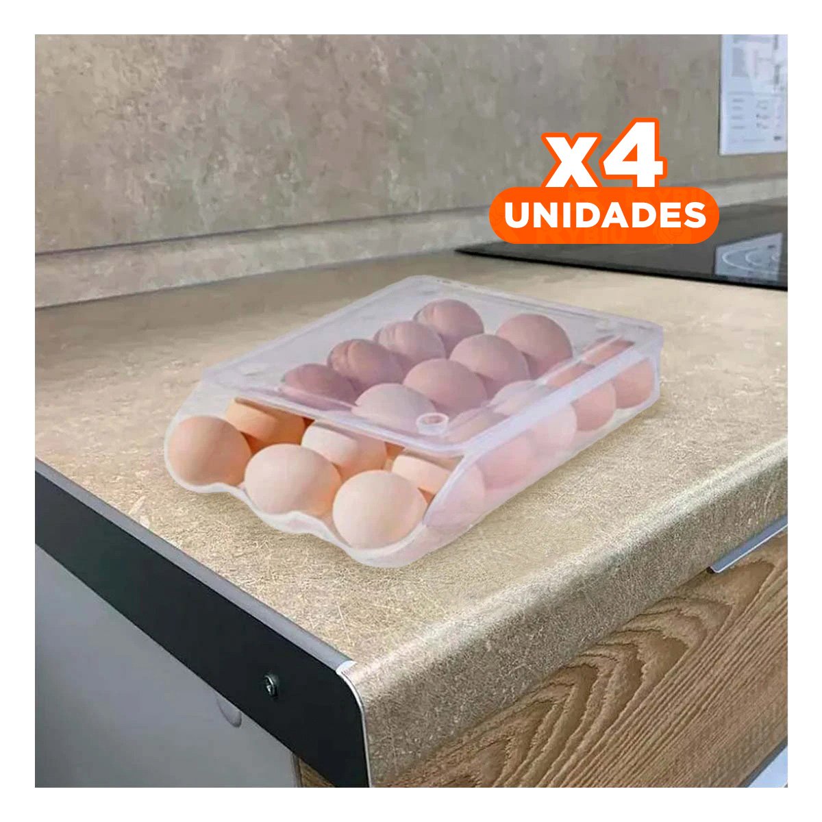 PACK4 CONTENEDOR APILABLE PARA 18 HUEVOS TRANSPARENTE FACIL DE GUARDAR Y+REGALO STICKER - 1