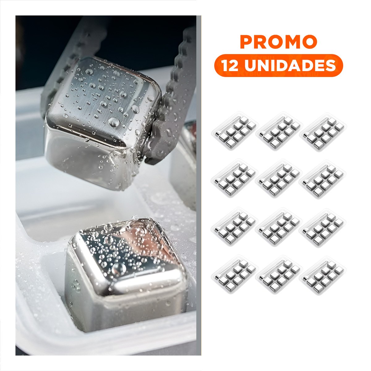 PACK12 EQUIPO PARA ENFRIAR TRAGOS CON CUBOS DE HIELO DE ACERO Y PINZA - 1