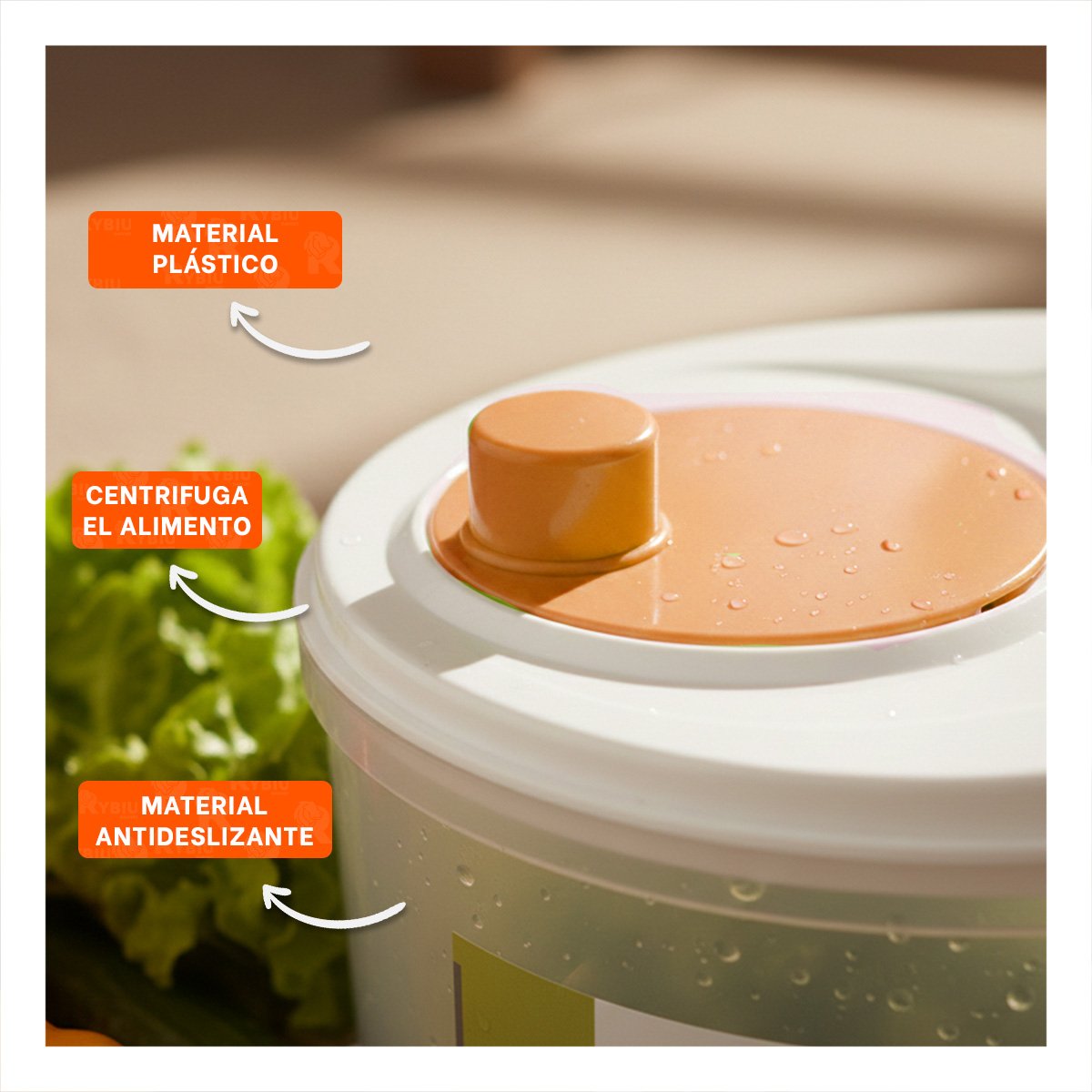 ESCURRIDOR MANUAL CON GIRO RAPIDO PARA VERDURAS Y FRUTAS BLANCO CON NARANJA DAY Y+PAPEL REGALO - 2