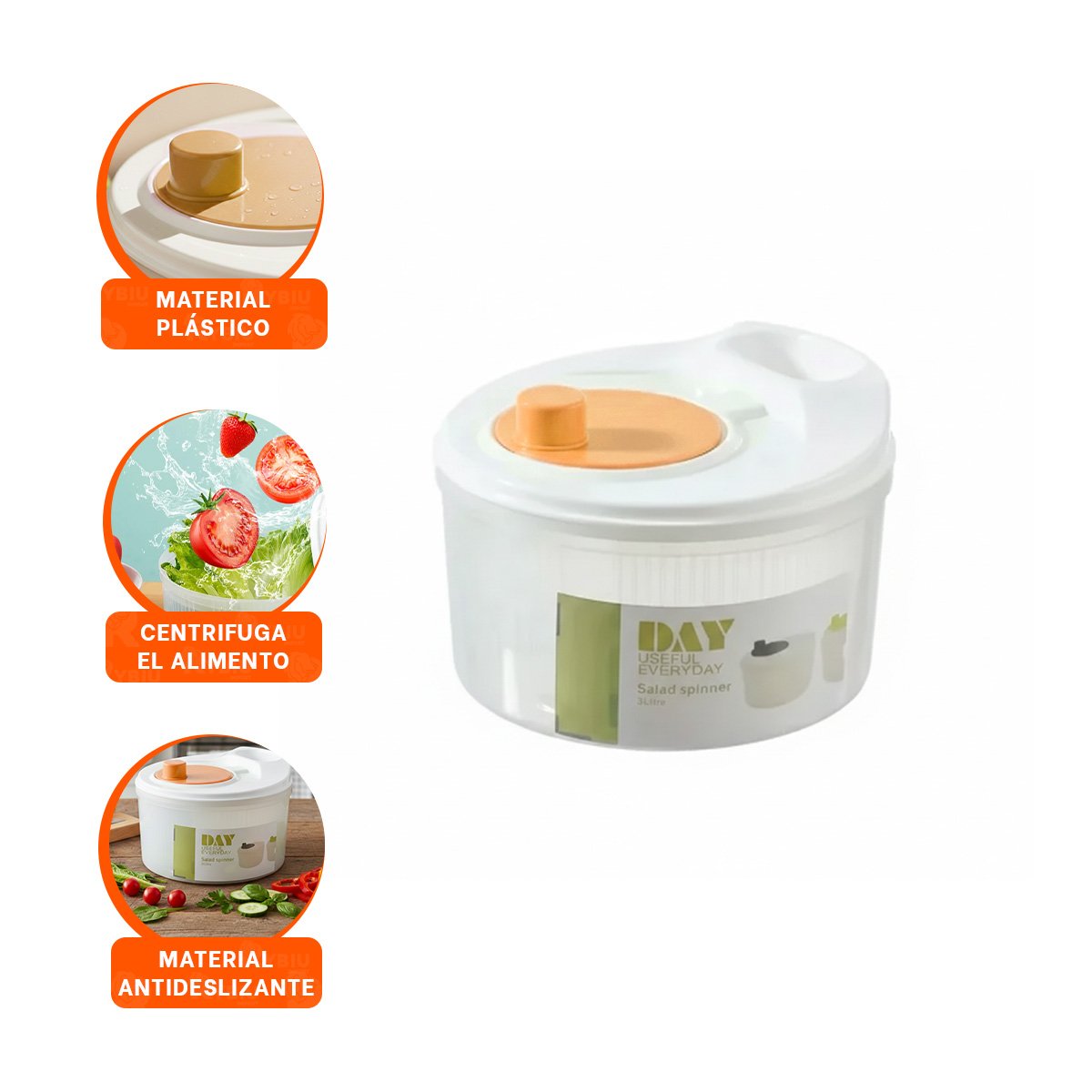 ESCURRIDOR MANUAL CON GIRO RAPIDO PARA VERDURAS Y FRUTAS BLANCO CON NARANJA DAY Y+PAPEL REGALO - 5