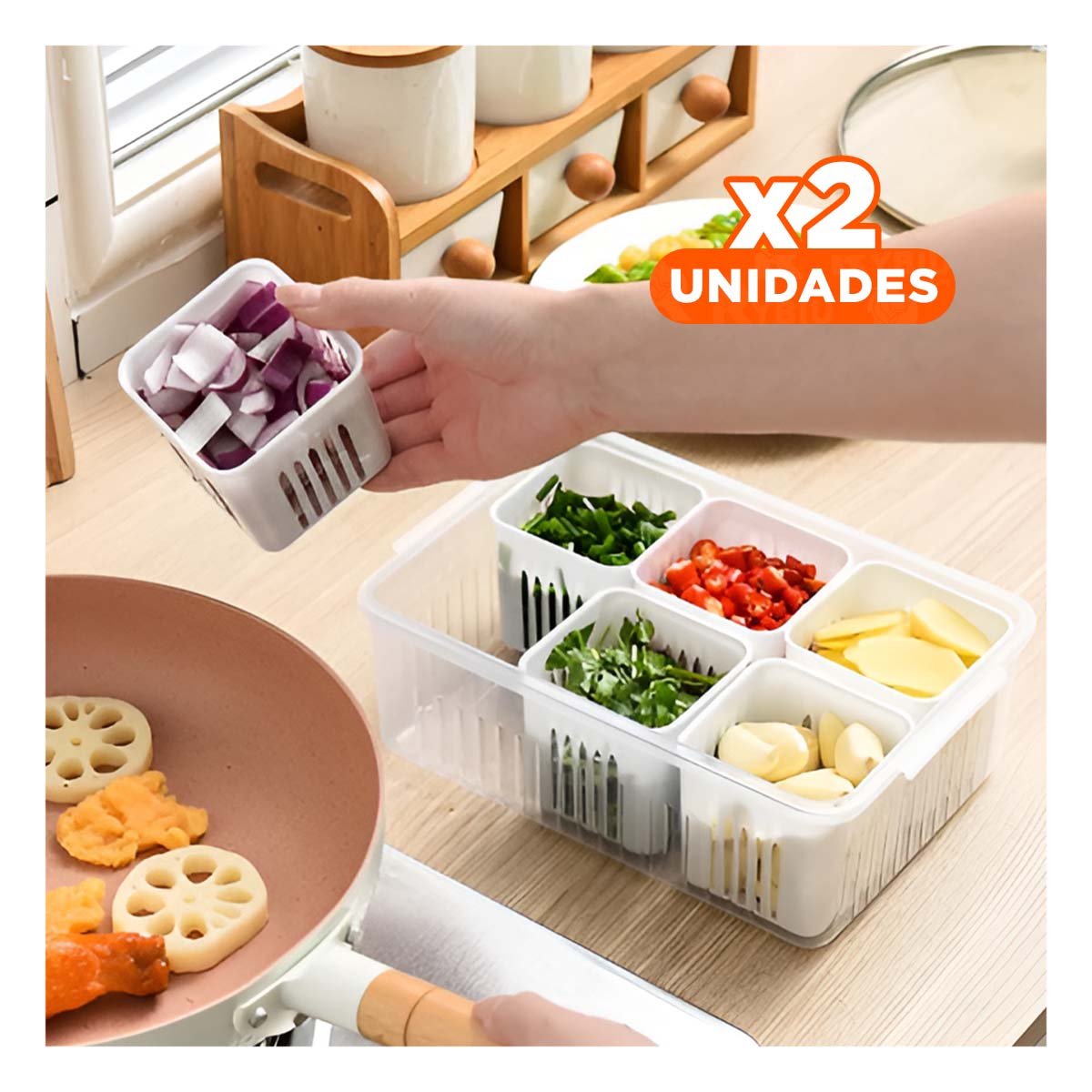 PACK2 RECIPIENTES ESCURRIDORES MULTIUSO 6 EN 1 BLANCO PARA COCINA Y+PAPEL REGALO - 1