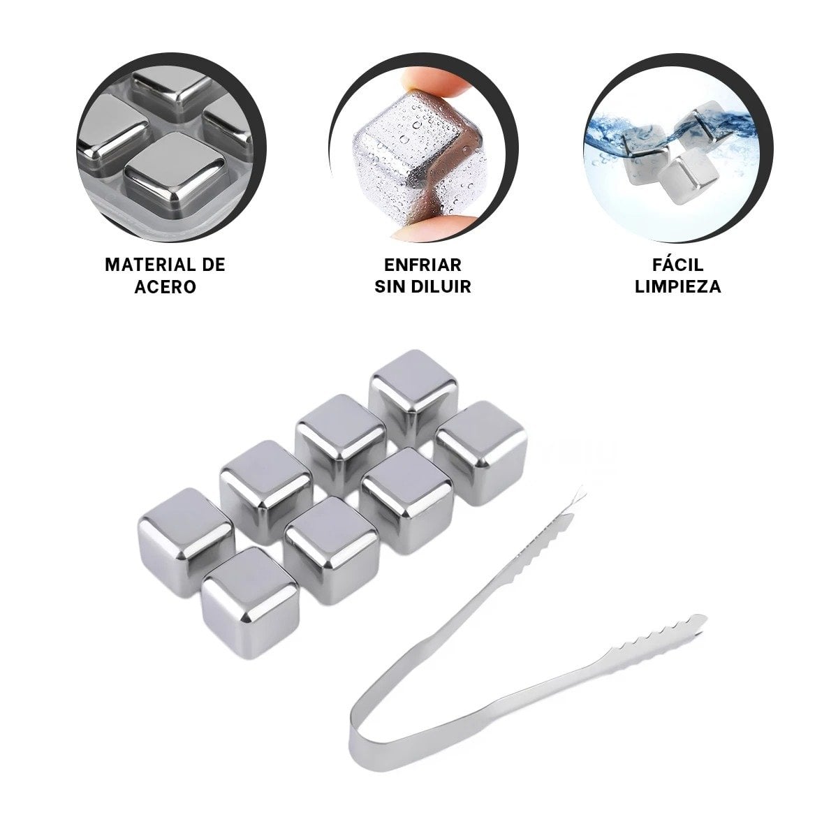COLECCION DE 8 CUBOS DE HIELO DE ACERO REUTILIZABLES CON PINZA PLATEADO Y+POST IT - 5