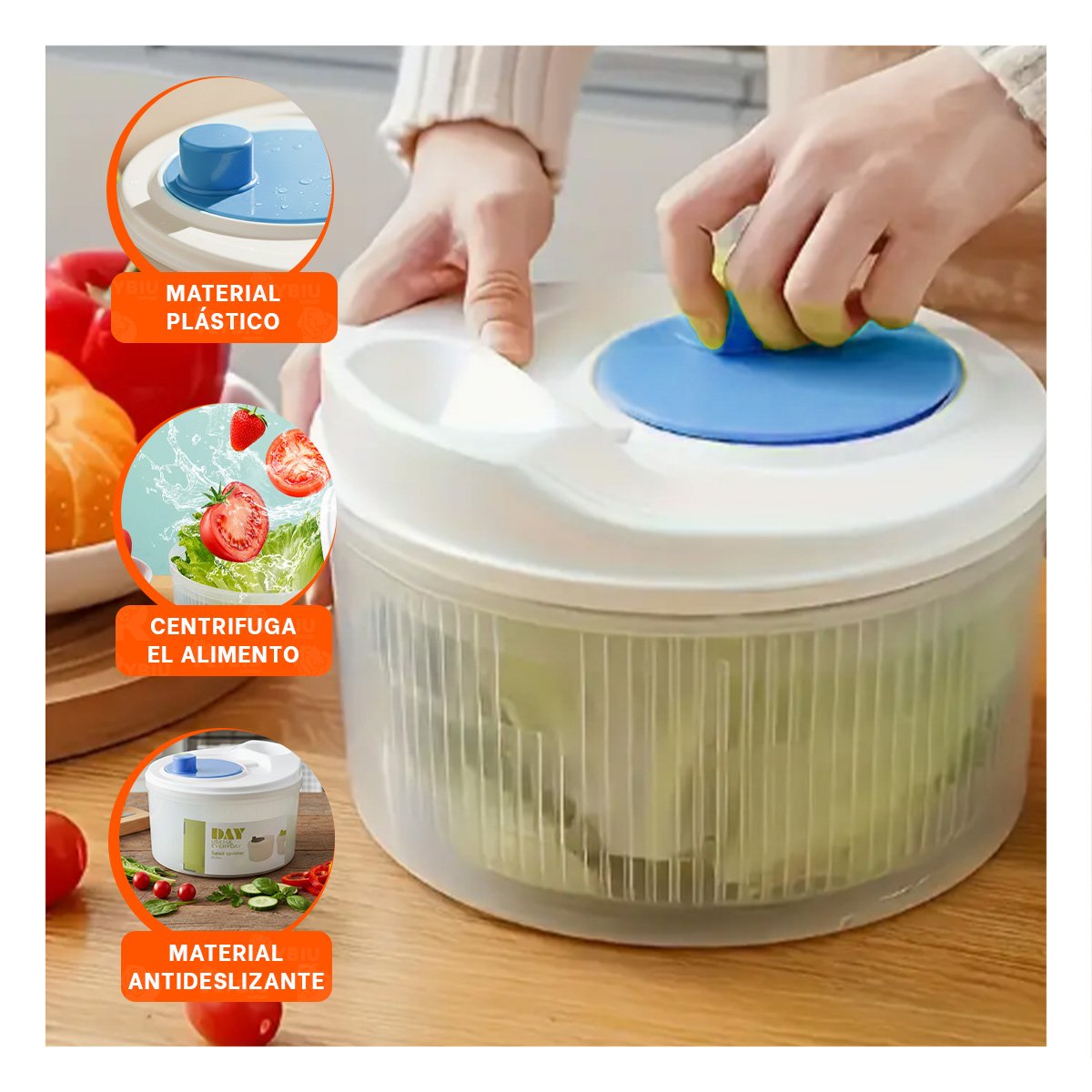PACK2 CENTRIFUGADOR MANUAL DE COCINA PARA VERDURAS Y FRUTAS BLANCO CON AZUL DAY - 5