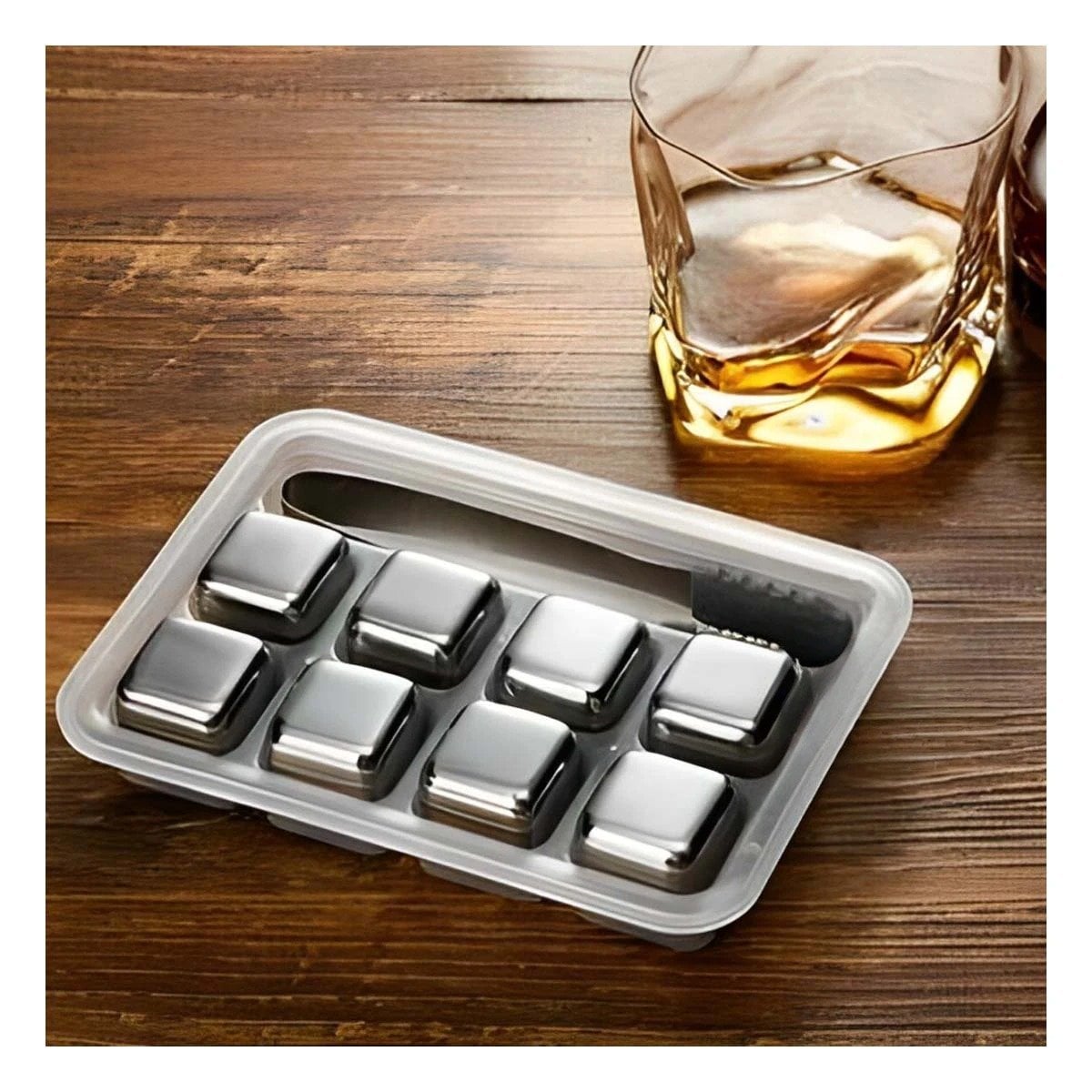 PACK DE 8 CUBOS DE HIELO DE ACERO REUTILIZABLES CON PINZA PLATEADO Y+PAPEL REGALO - 1