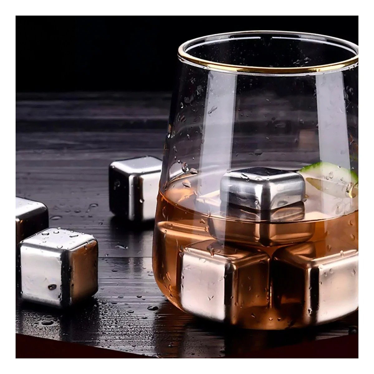 PACK DE 8 CUBOS DE HIELO DE ACERO REUTILIZABLES CON PINZA PLATEADO Y+PAPEL REGALO - 2