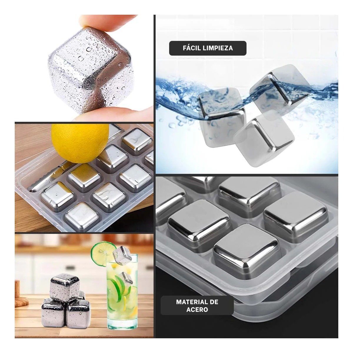 PACK DE 8 CUBOS DE HIELO DE ACERO REUTILIZABLES CON PINZA PLATEADO Y+PAPEL REGALO - 3