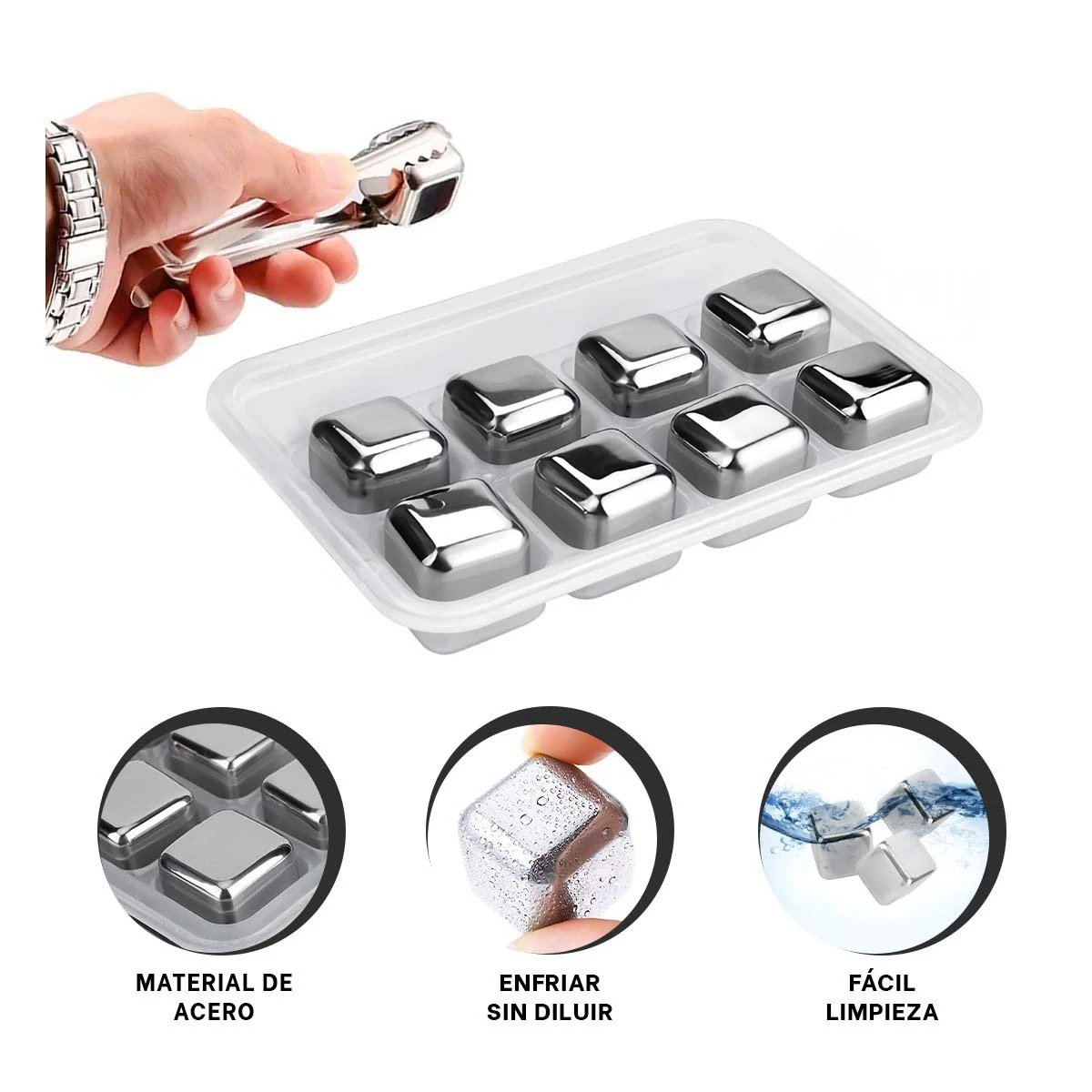 PACK DE 8 CUBOS DE HIELO DE ACERO REUTILIZABLES CON PINZA PLATEADO Y+PAPEL REGALO - 5