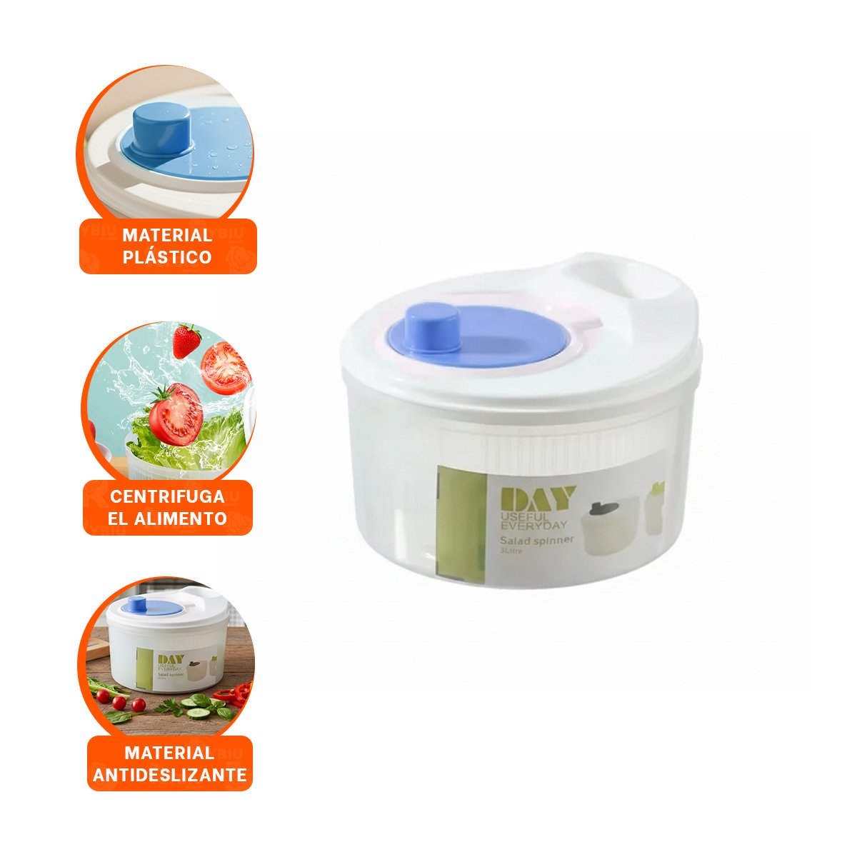 ESCURRIDOR MANUAL CON GIRO RAPIDO PARA VERDURAS Y FRUTAS BLANCO CON AZUL DAY Y+PAPEL REGALO - 5