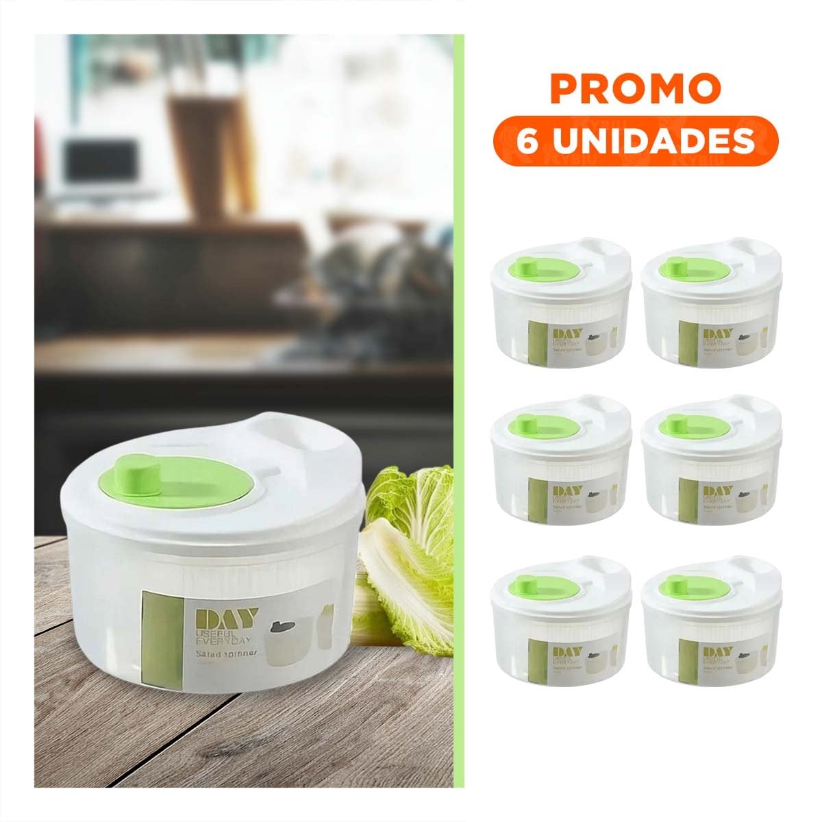 PACK6 SECADOR COMPACTO PARA ENSALADAS BLANCO CON VERDE DAY Y+REGALO STICKER - 1