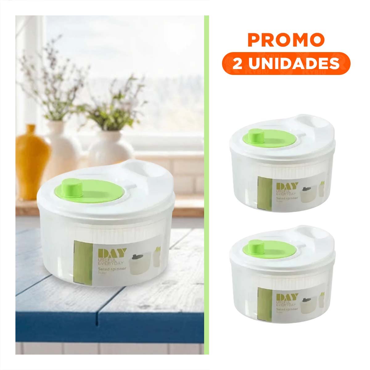 PACK2 CENTRIFUGADOR DOMESTICO PARA PREPARAR ENSALADAS BLANCO CON VERDE DAY Y+REGALO STICKER - 1