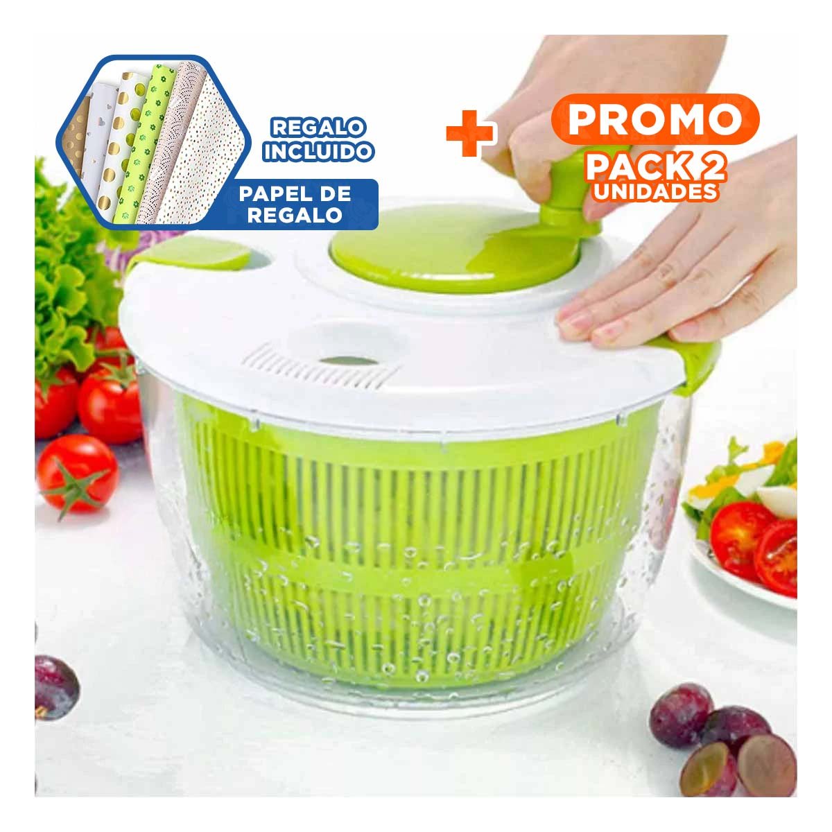 PACK2 CENTRIFUGADOR CON TAZÓN INTERNO PARA SECADO RÁPIDO VERDE Y+PAPEL REGALO - 1