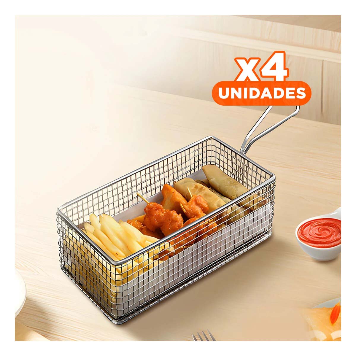 PACK4 CESTILLO METALICO PARA FRITURAS PLATEADO 25,5X13X7 CM COCINA PROFESIONAL Y+REGALO STICKER - 1