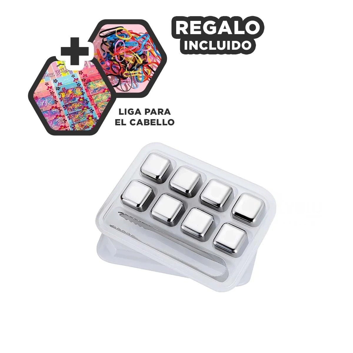 CONJUNTO PREMIUM DE 8 CUBOS DE HIELO DE ACERO REUTILIZABLES CON PINZA PLATEADO Y+LIGAS REGALO - 2