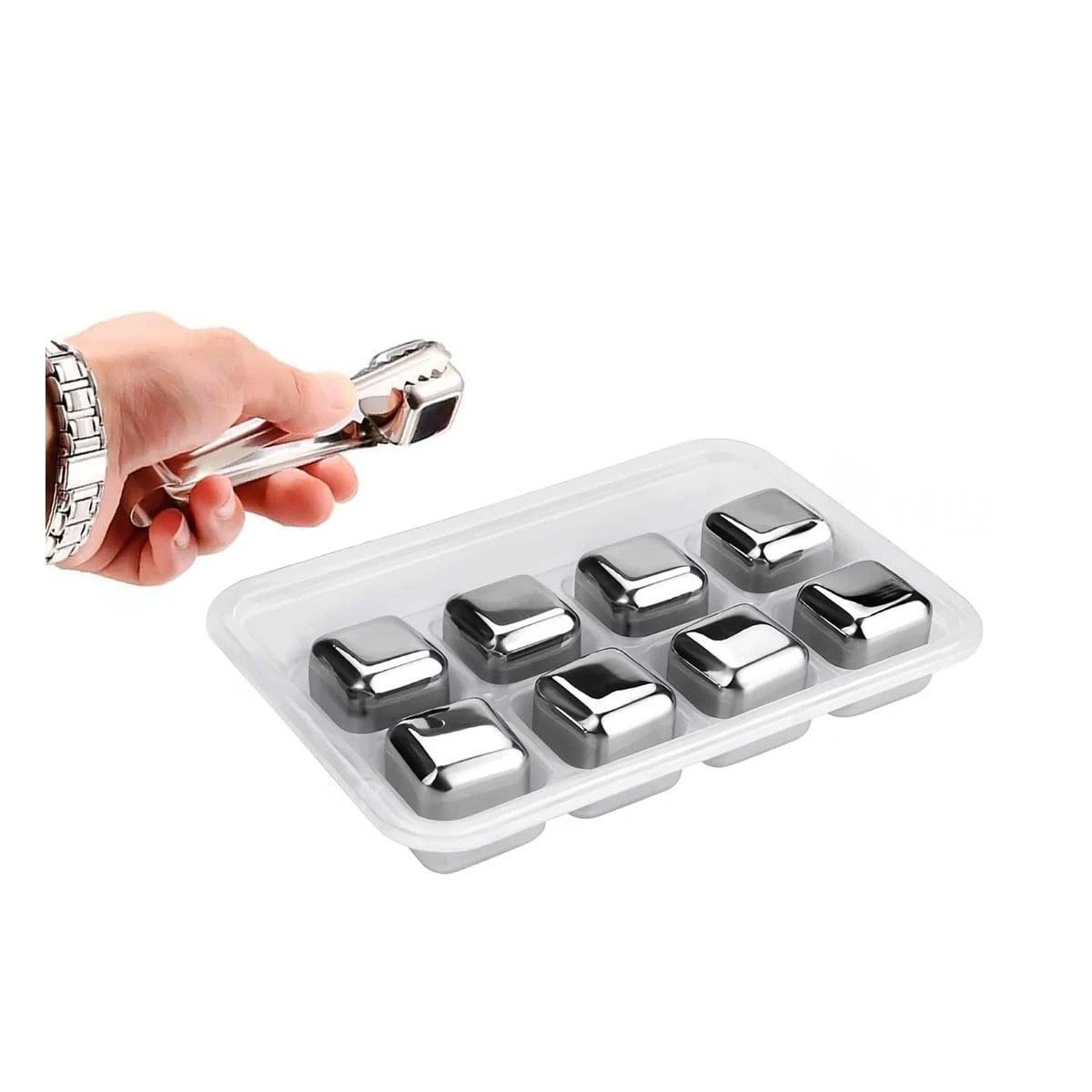 CONJUNTO PREMIUM DE 8 CUBOS DE HIELO DE ACERO REUTILIZABLES CON PINZA PLATEADO Y+LIGAS REGALO - 5
