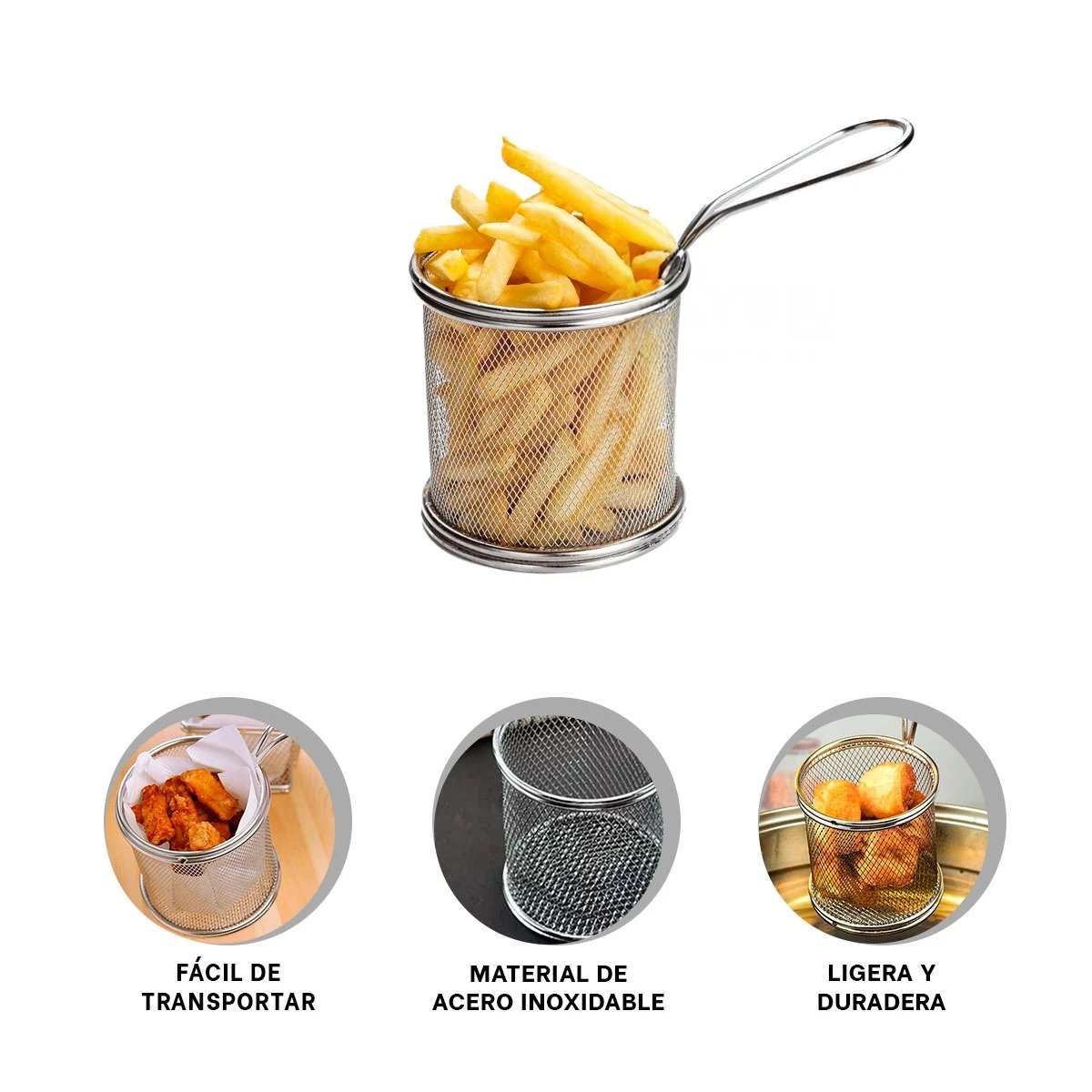 CESTA DE COCINA CIRCULAR EN ACERO PLATEADO PARA FREIR PAPAS Y+PAPEL REGALO - 5