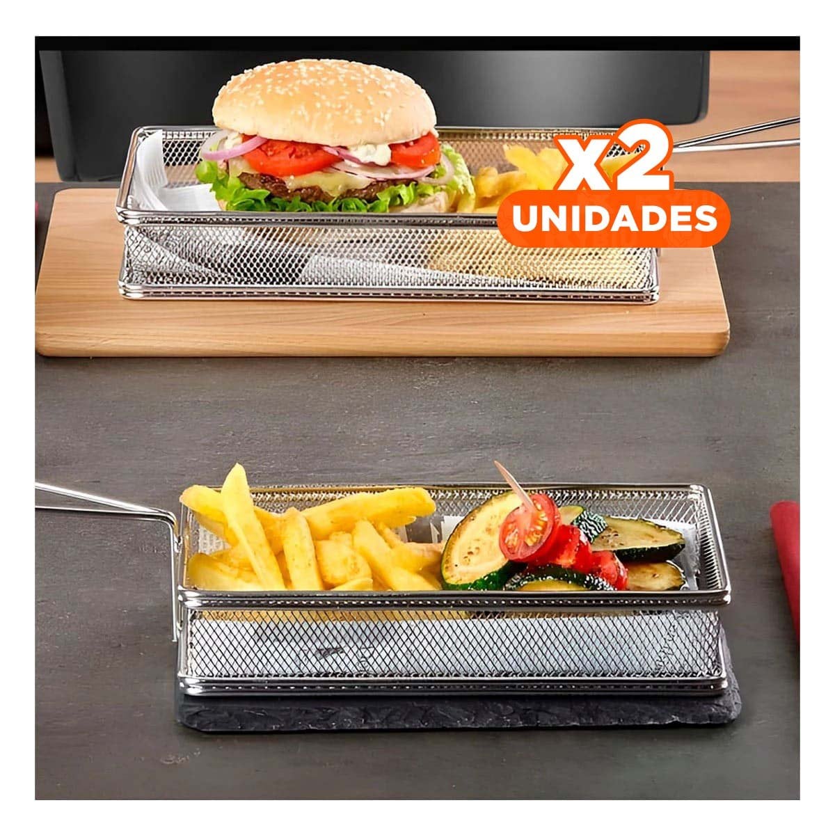 PACK2 CANASTILLA PARA PAPAS FRITAS PLATEADA 25,5X13X7 CM PRESENTACION GOURMET Y+PAPEL REGALO - 1