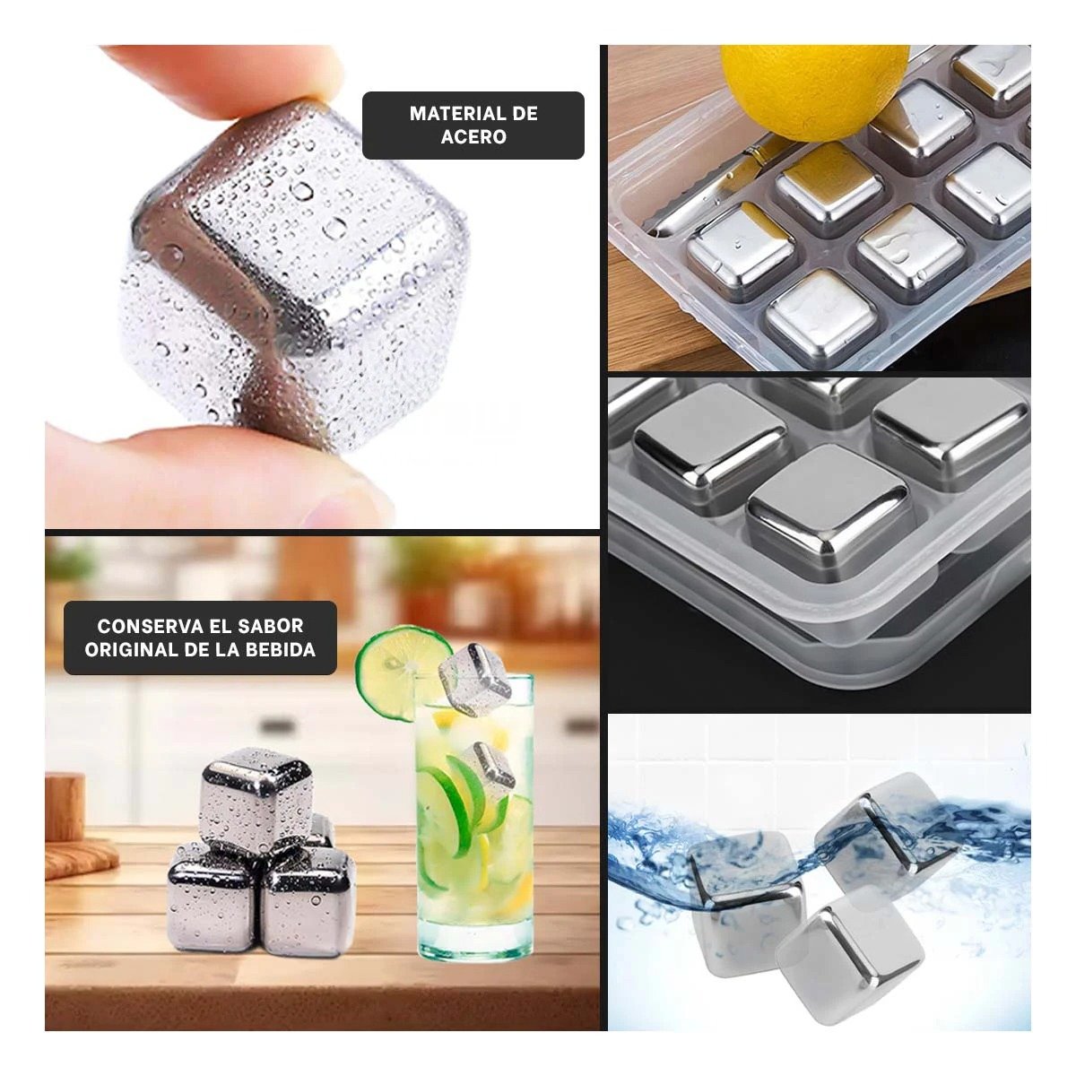 PACK6 SOLUCION PARA BEBIDAS FRIAS CON CUBOS DE HIELO DE ACERO PLATEADO Y+PAPEL REGALO - 3