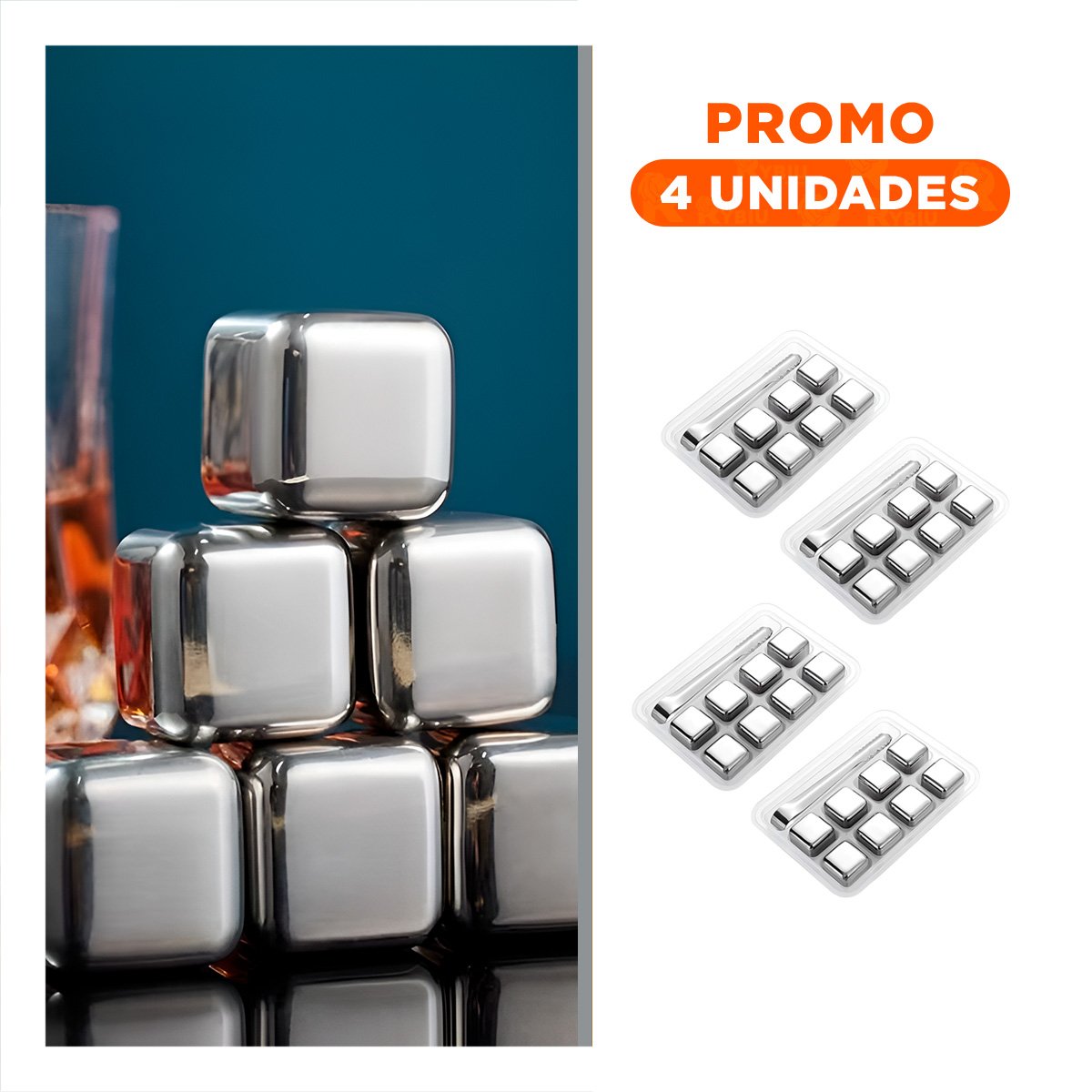 PACK4 COMPLEMENTO PARA BAR EN CASA CON CUBOS DE HIELO DE ACERO PLATEADO - 1
