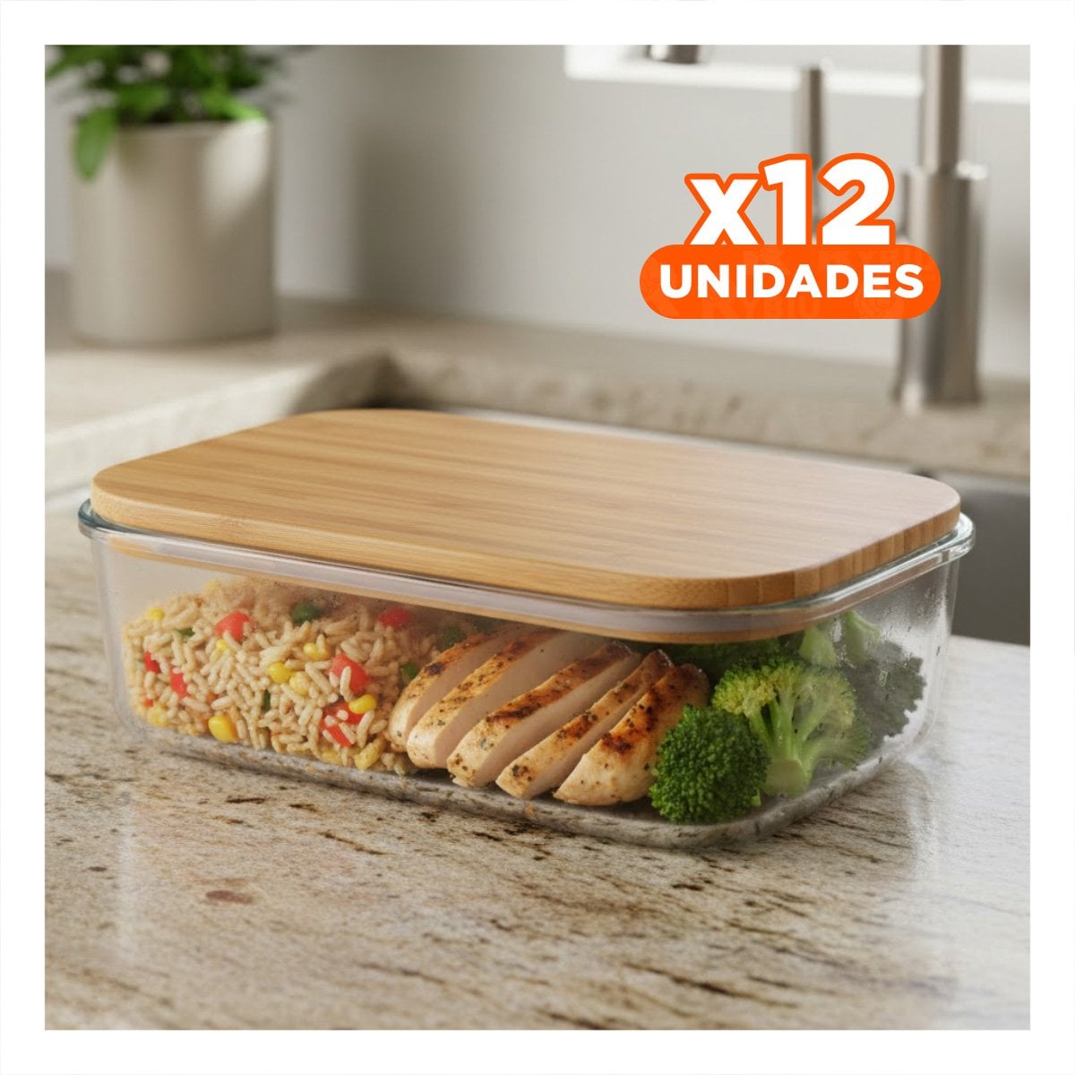PACK12 ENVASE 640ML RECTANGULAR TRANSPARENTE CON TAPA DE BAMBU PARA COCINA YPAPEL REGALO - 1