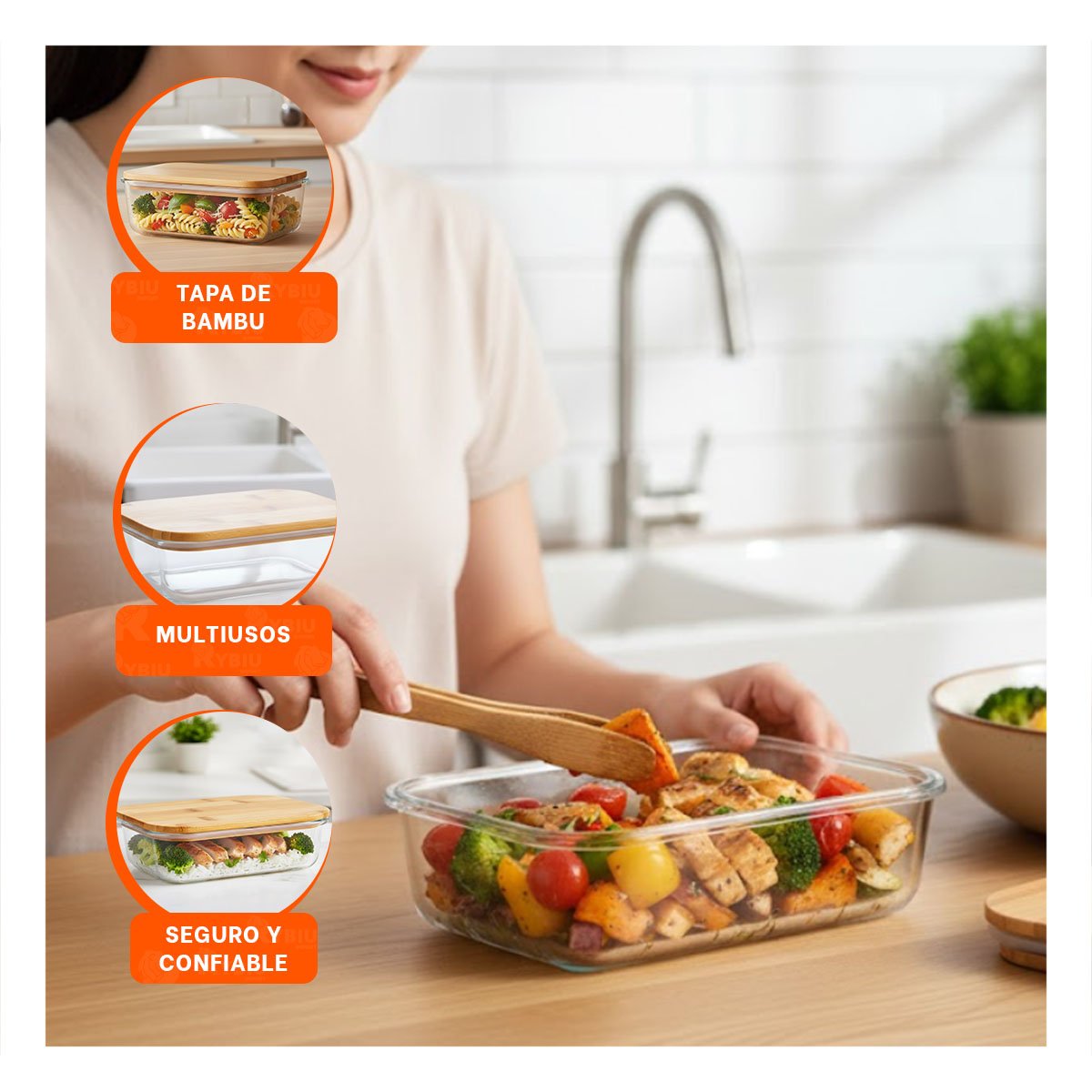 PACK12 ENVASE 640ML RECTANGULAR TRANSPARENTE CON TAPA DE BAMBU PARA COCINA YPAPEL REGALO - 3