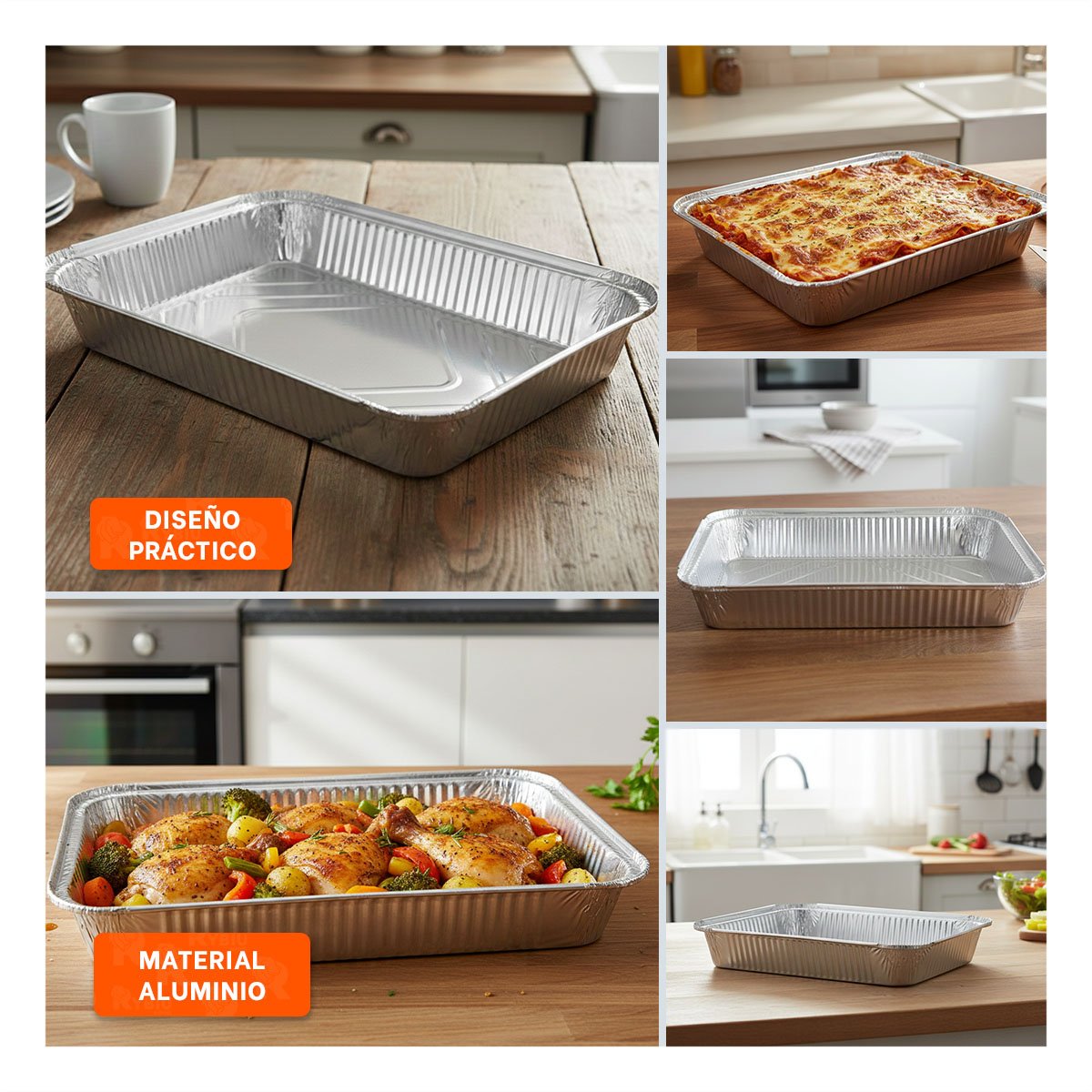 PACK2 RECIPIENTE METALICO DESCARTABLE 55X35CM PLATEADO PARA USO DIARIO EN COCINA YPAPEL REGALO - 3