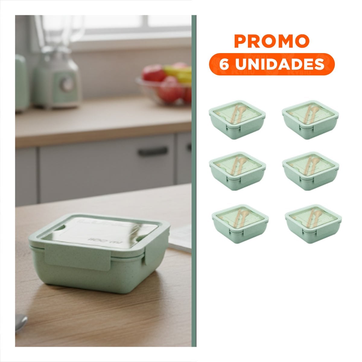 PACK6 PORTACOMIDA CUADRADO CON CUBIERTOS 1100ML VERDE AGUA PARA LUNCH Y HOGAR YREGALO STICKER - 1