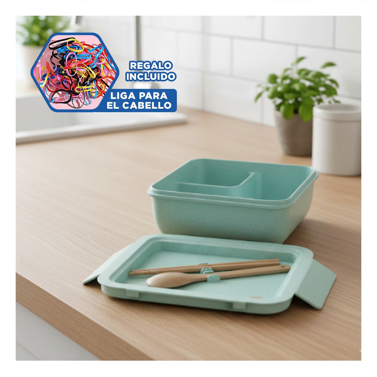 CAJA CUADRADA CON CUBIERTOS 1100ML VERDE AGUA PARA LUNCH Y HOGAR YLIGAS REGALO - 2