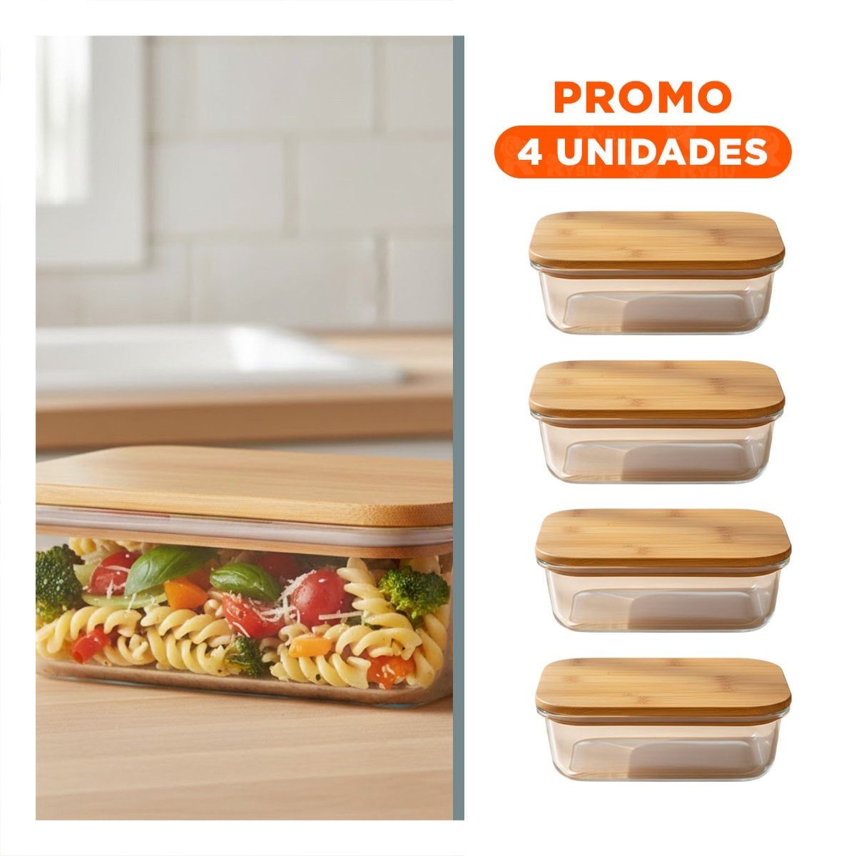 PACK4 TAPER 640ML RECTANGULAR TRANSPARENTE CON TAPA DE BAMBU PARA DESPENSA - 1
