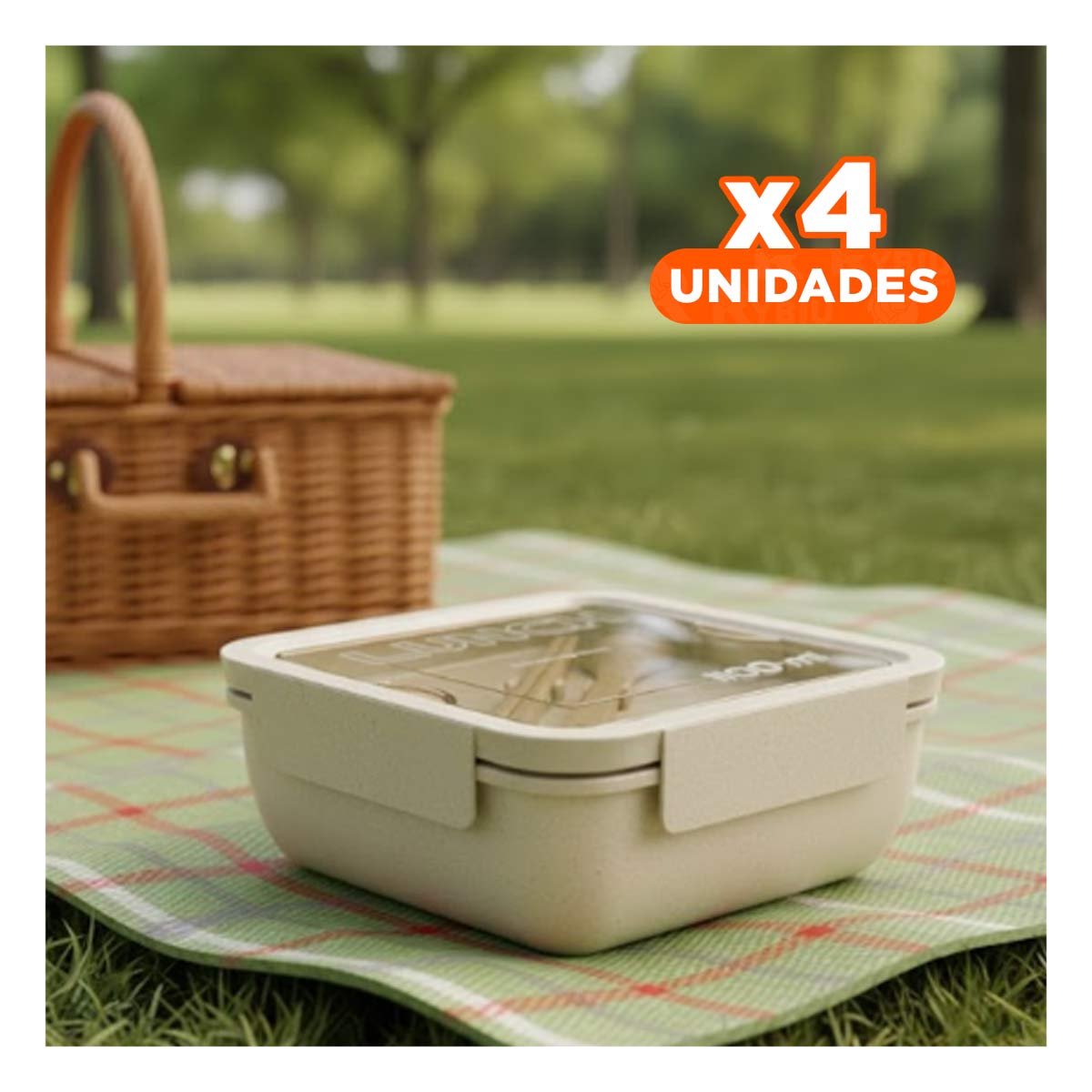 PACK4 TAPER PORTATIL CON CUBIERTOS 1100ML BEIGE PARA LUNCH Y ALMUERZO EN CASA YREGALO STICKER - 1