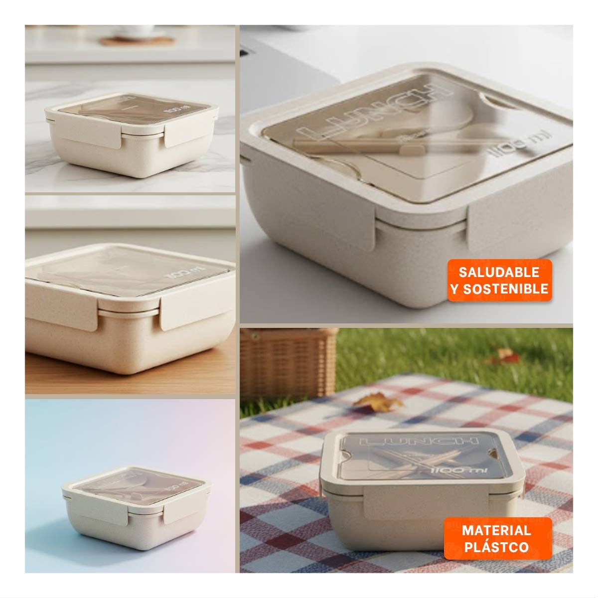PACK4 TAPER PORTATIL CON CUBIERTOS 1100ML BEIGE PARA LUNCH Y ALMUERZO EN CASA YREGALO STICKER - 2