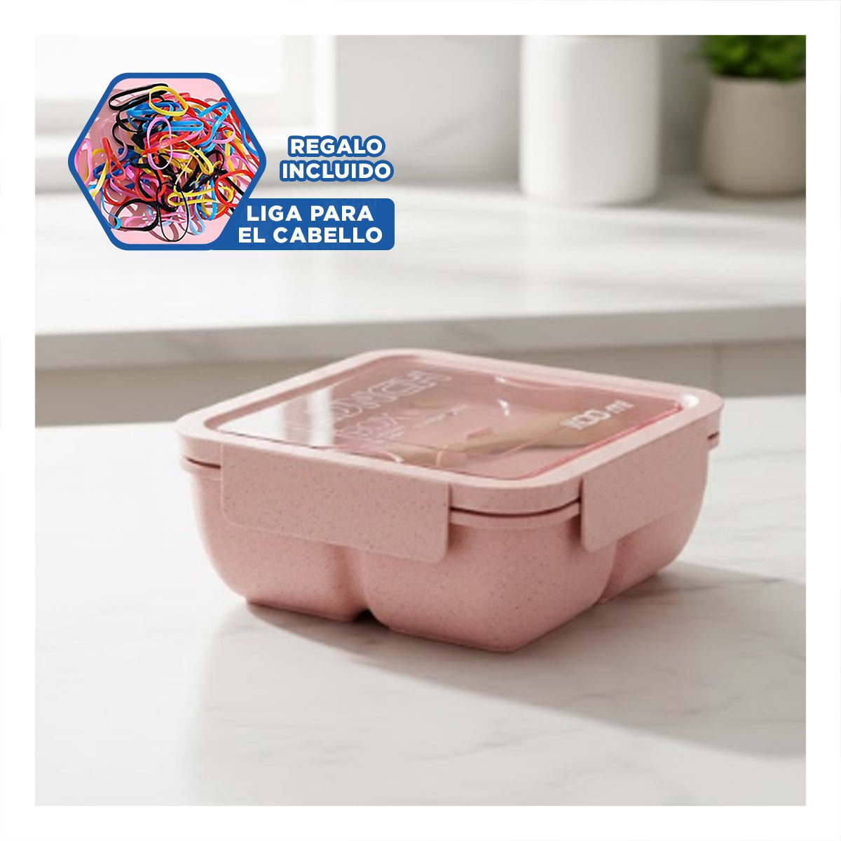 ENVASE CUADRADO CON CUBIERTOS 1100ML ROSADO PARA LUNCH Y GUARDAR COMIDA FACIL YLIGAS REGALO - 2