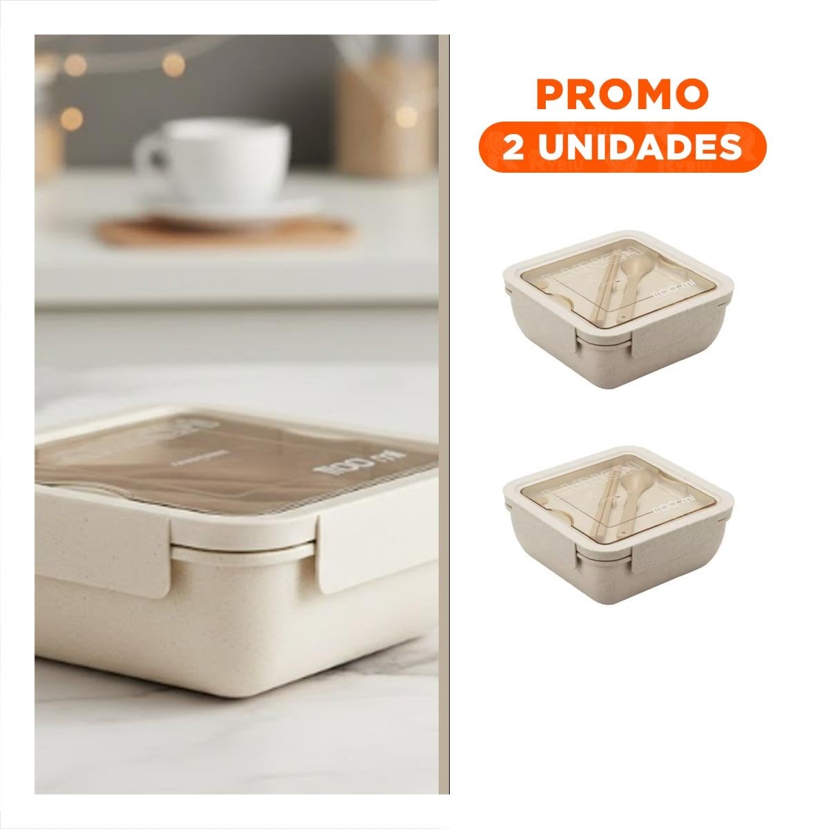 PACK2 RECIPIENTE PRACTICO CON CUBIERTOS 1100ML BEIGE PARA LUNCH Y ALMUERZO YREGALO STICKER - 1
