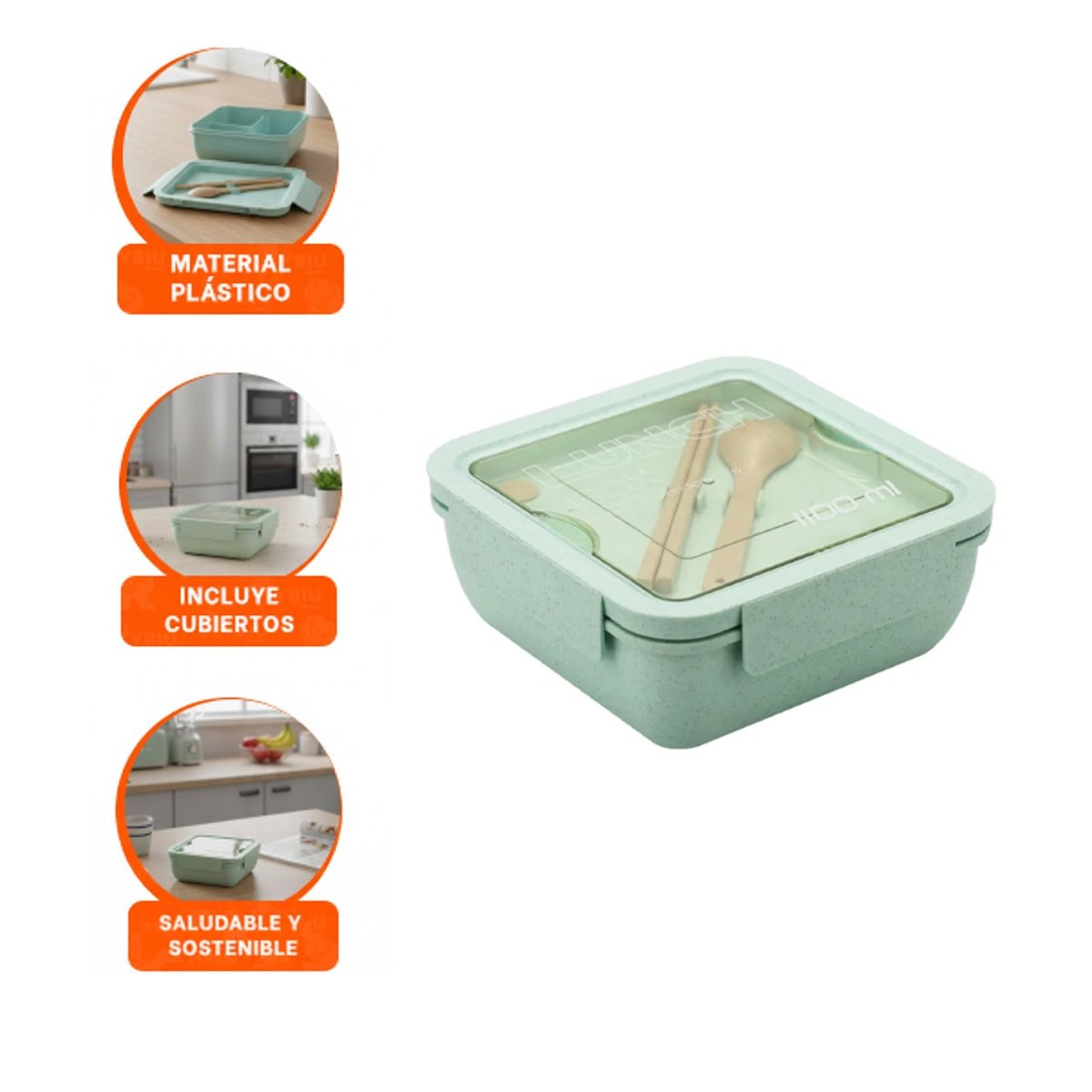 CONTENEDOR CUADRADO CON CUBIERTOS 1100ML VERDE AGUA PARA LUNCH Y HOGAR YPAPEL REGALO - 5