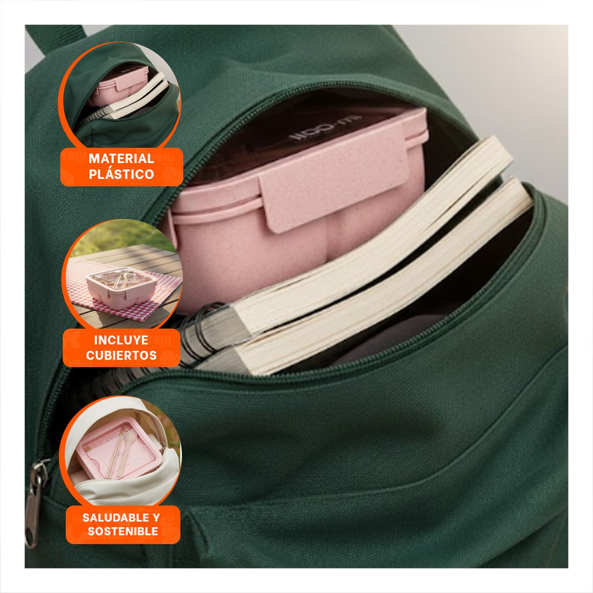 PACK12 RECIPIENTE CUADRADO CON CUBIERTOS 1100ML ROSADO PARA LUNCH YPAPEL REGALO - 3