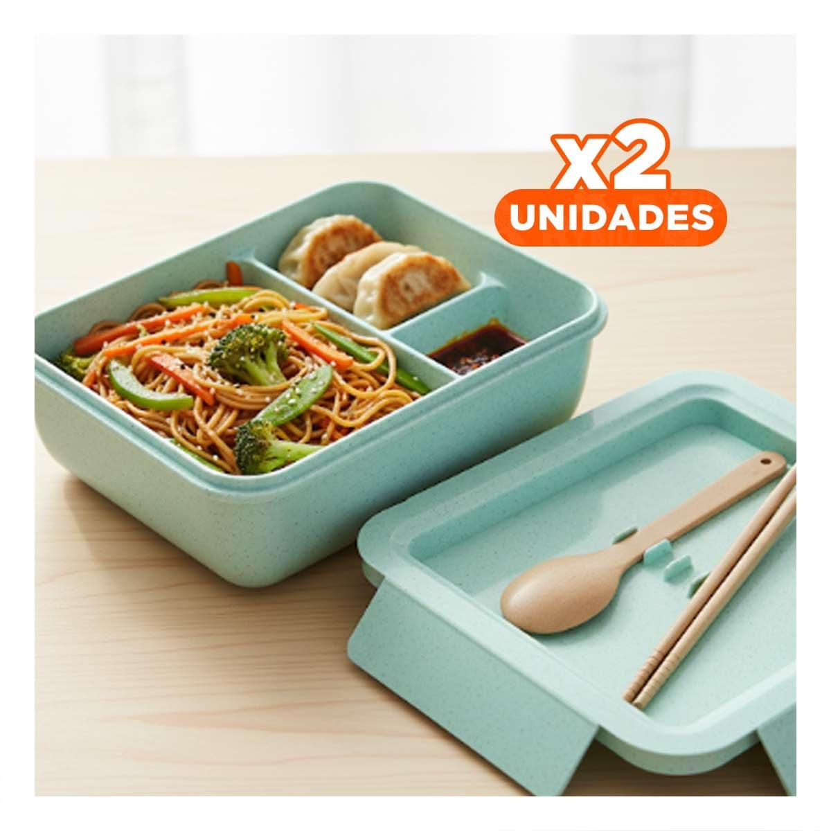 PACK2 FIAMBRERA CUADRADA CON CUBIERTOS 1100ML VERDE AGUA PARA LUNCH Y HOGAR YPAPEL REGALO - 1