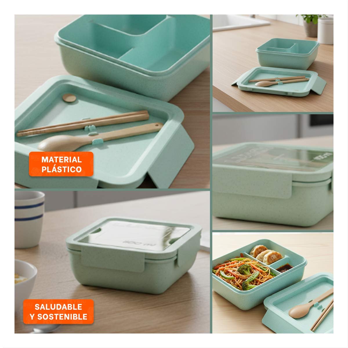 PACK2 FIAMBRERA CUADRADA CON CUBIERTOS 1100ML VERDE AGUA PARA LUNCH Y HOGAR YPAPEL REGALO - 3