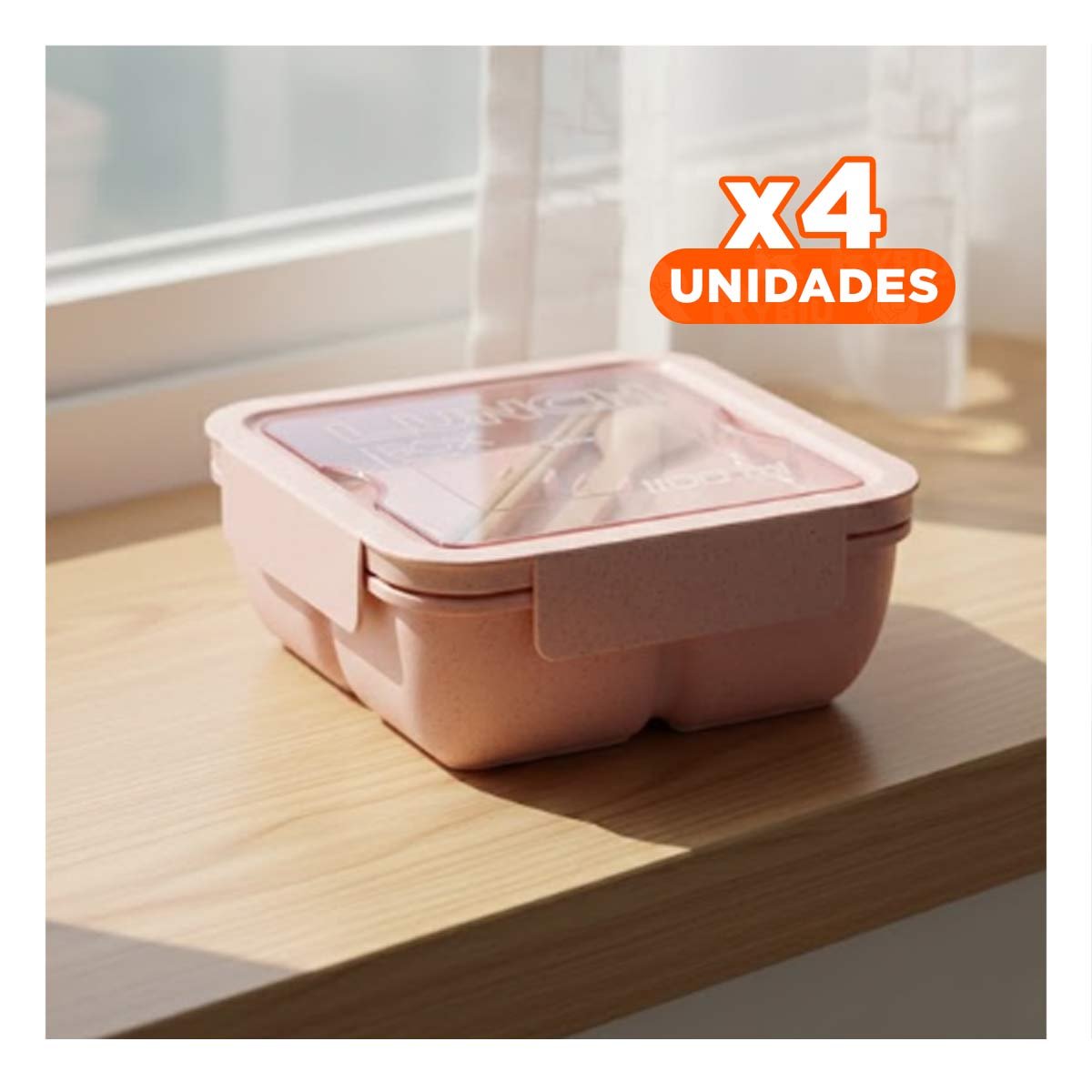 PACK4 TAPER CUADRADO CON CUBIERTOS 1100ML ROSADO PARA LUNCH Y MANTENER FRESCA YPAPEL REGALO - 1